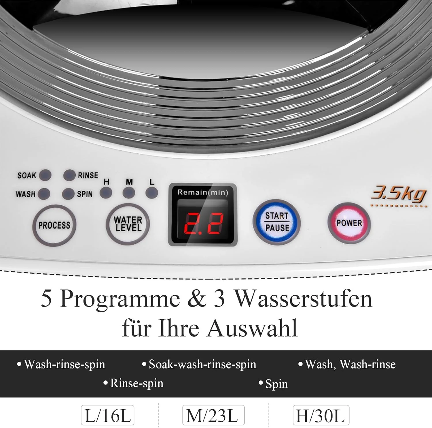 RELAX4LIFE Volautomatische Wasmachine 3,5 kg, Wasautomaat met Pomp & Display, Bovenlader Mini Wasmachine met Centrifuge & 6 Wasprogramma's, 240W, voor Camping & Camper, 43 x 43 x 75cm, Wit