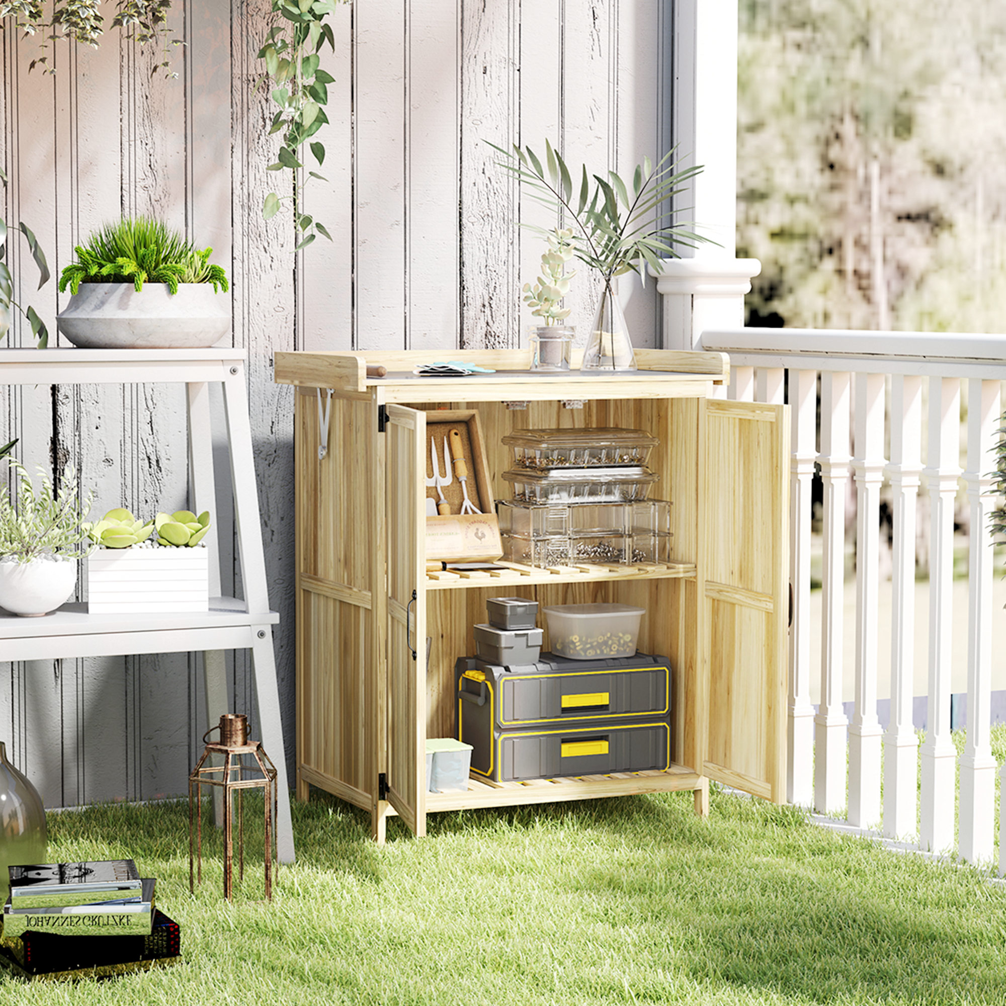 Outsunny Gartenschrank, Werkzeugschrank für den Außenbereich, mit Arbeitsfläche, Holz und Edelstahl, Doppeltüren, Naturholz