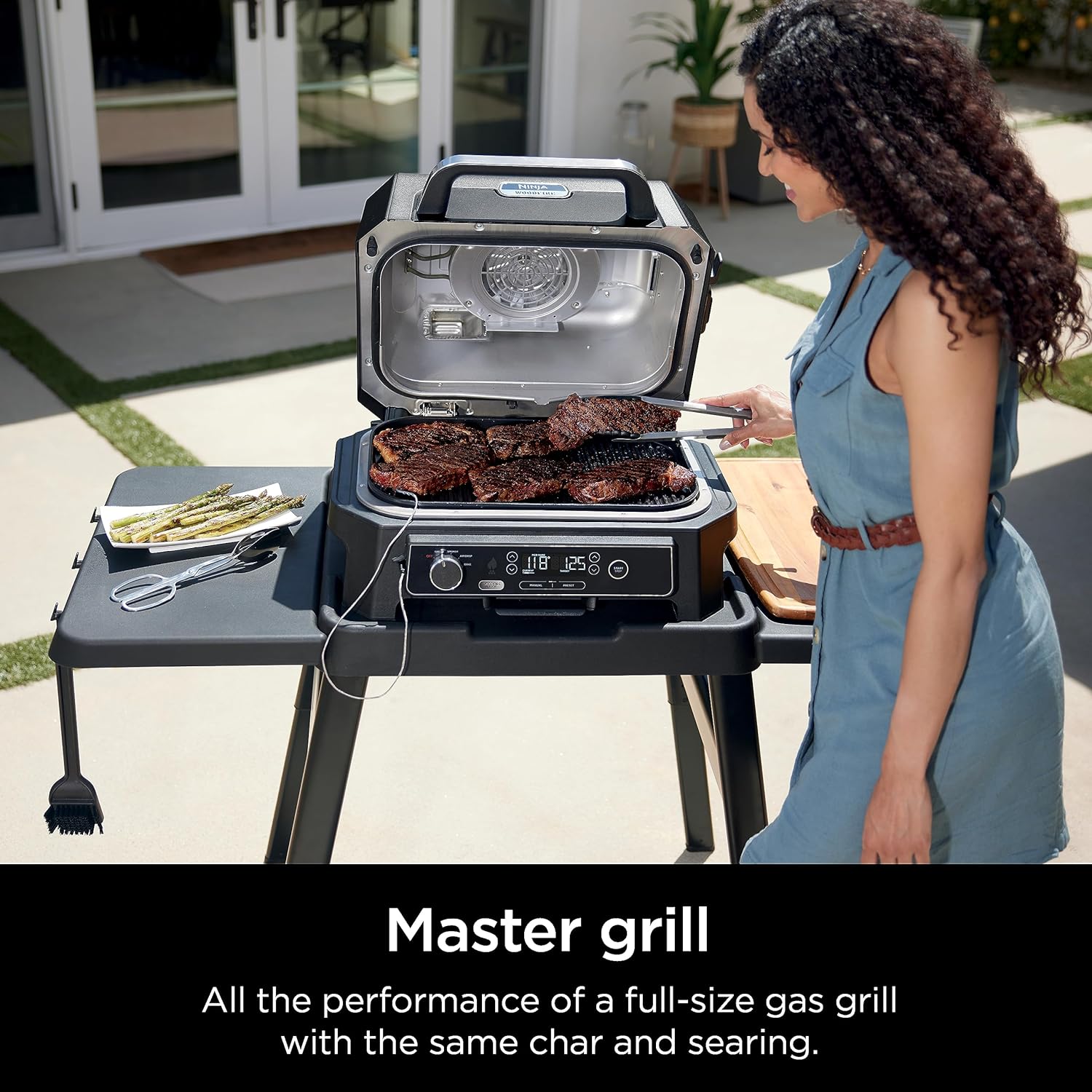 7 in 1 Grill & Smoker with Thermometer, Air Fryer, BBQ, Bake, Roast, Broil &ndash; Portable Electric Outdoor Grill, Grey