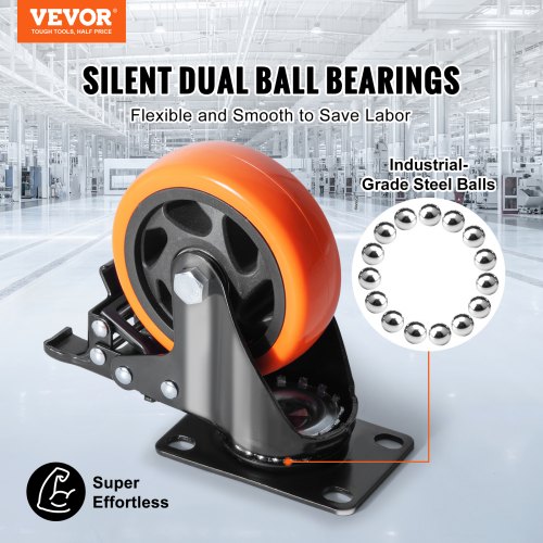 VEVOR Möbelrollen 4er-Set Lenkrollen PVC φ101,6mm Laufrollen 635kg Tragfähigkeit Transportrollen mit A/B-Bremsen Kastenrollen 360° Drehbar Schwerlastrollen für Häusern Büros Studios Fabriken