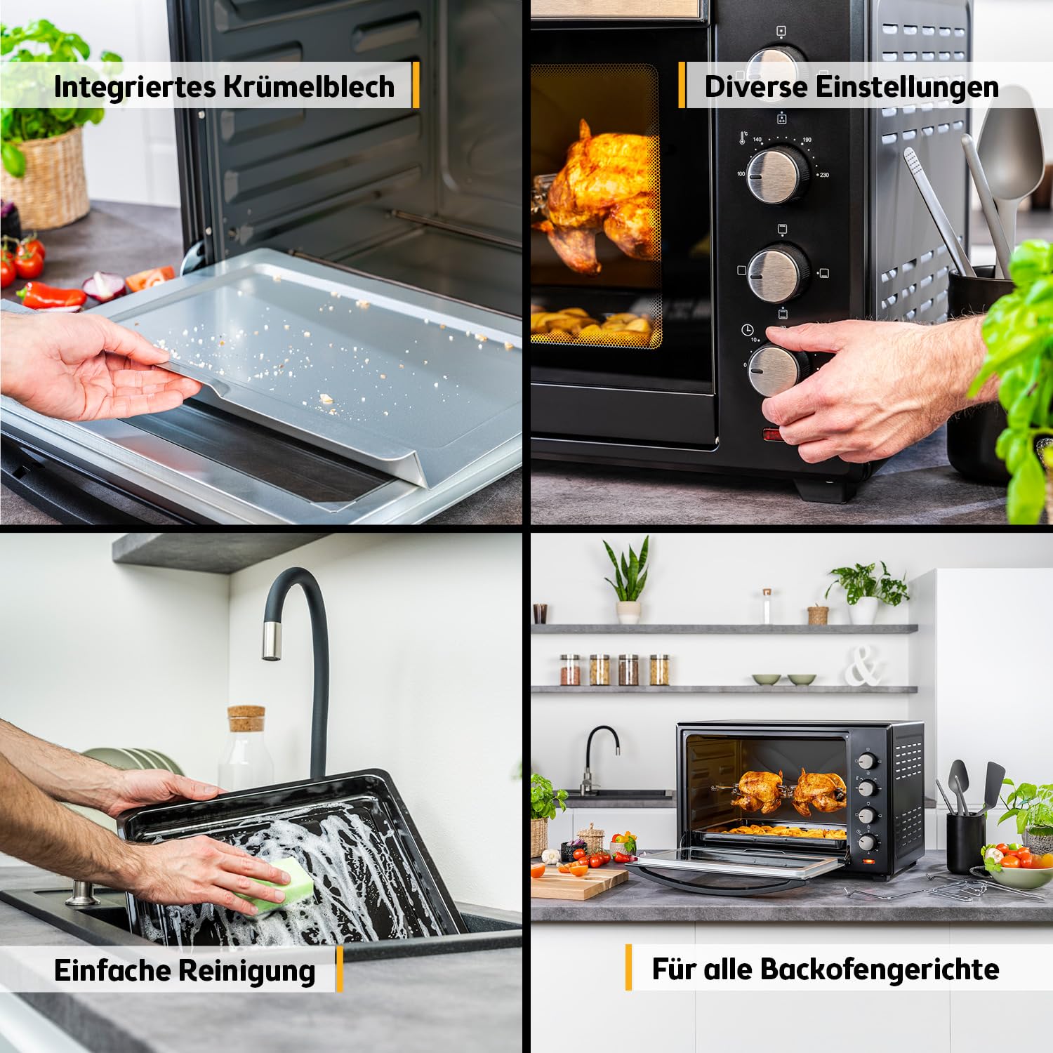 Minibackofen 60 L mit Umluft und Drehspieß, 2000 W, bis 230 °C, 60-Min-Timer, 4 Einschubhöhen, Backblech, Grillrost