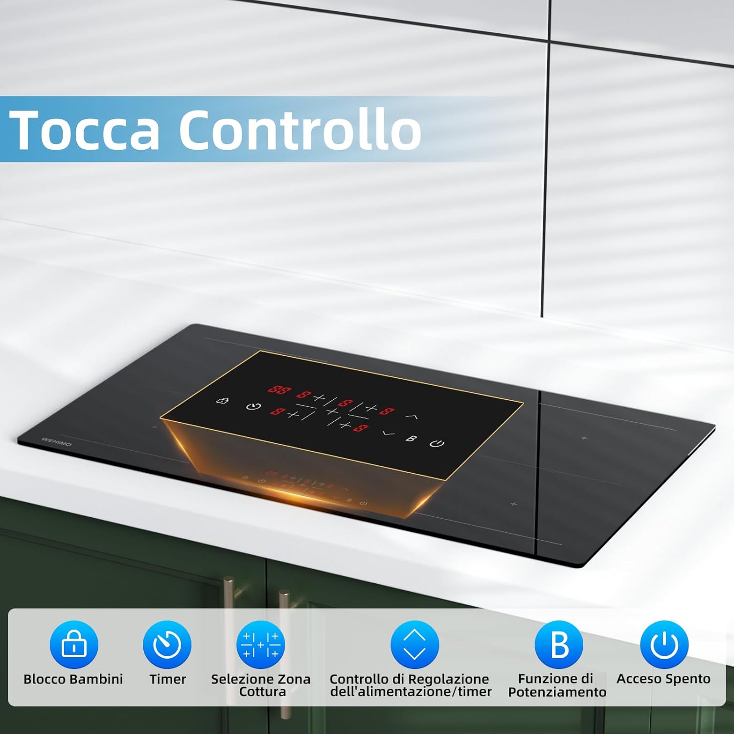Piano cottura a induzione 5 Fuochi da Incasso, Piastra a Induzione 8600W, Piano Cottura 90cm, 9 Livelli di Potenza, Booster, Timer, Nero, 5 Zone