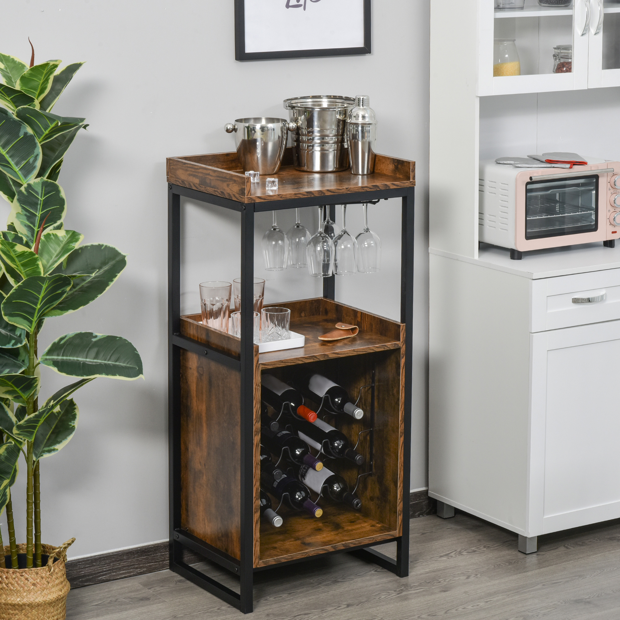 HOMCOM Weinregal 9 Flaschen-Weinschrank Flaschenregal mit 2 offenen Regalen und Glashalter Schwarz+Braun 52 x 40 x 113 cm