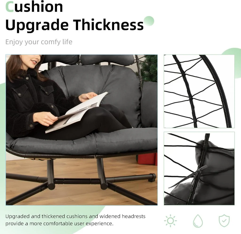 Double Egg Chair wth Stand Hammock Swing Chair Foldable Hanging Loveseat, UV Resistant Removable Cushions, 700LBS Capacity for Bedroom