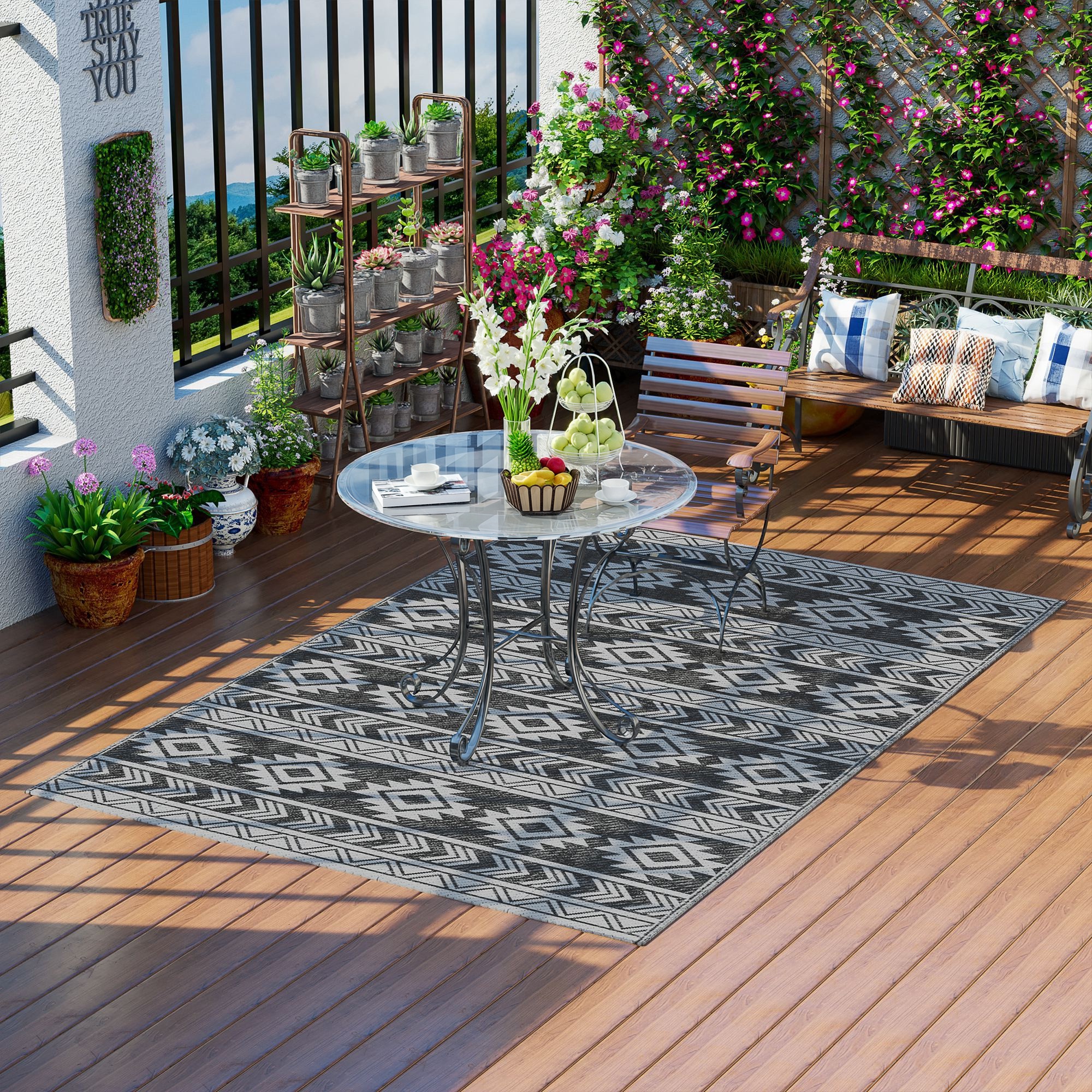 Outsunny Outdoor-Teppich, wasserdicht, doppelseitiges Design, hochwertige Kunststofffaser, schwarz+grau, 182 x 274cm