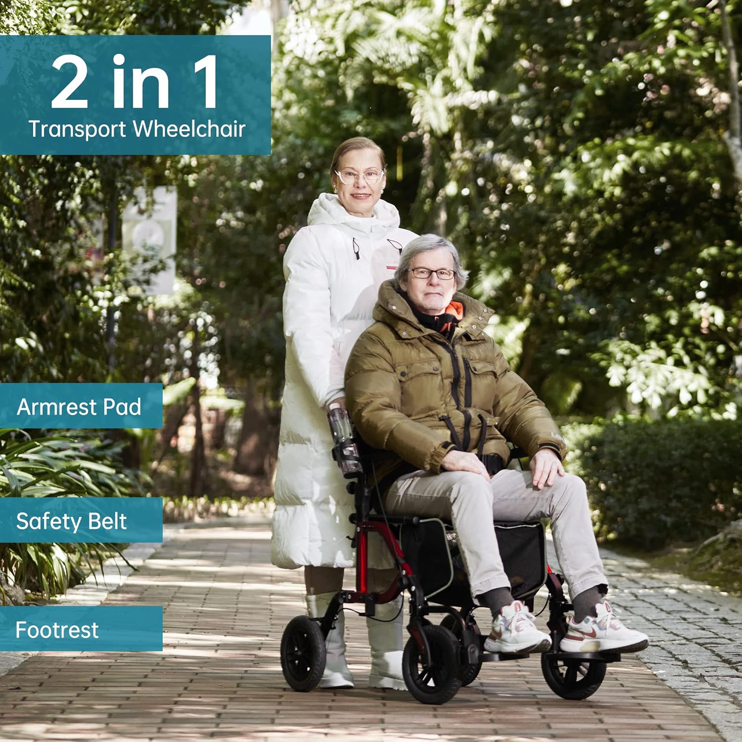 Blue All Terrain 2 in 1 Rollator Walker & Transport Chair, Folding Wheelchair with 10&prime;&prime; Non Pneumatic Wheels, Reversible Backrest, Detachable Footrests