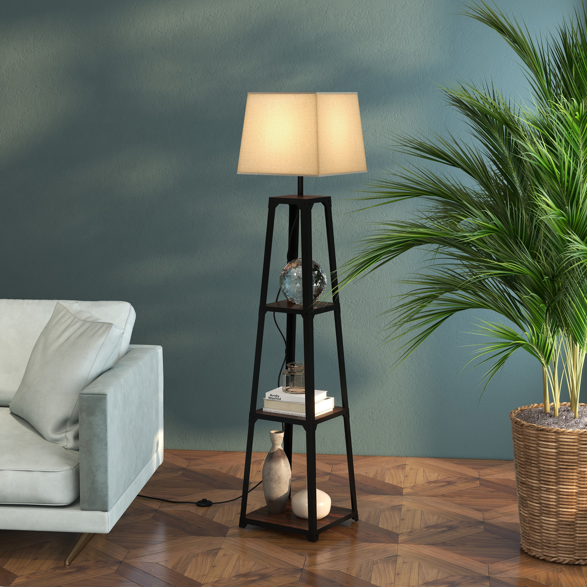 HOMCOM Stehlampe aus Metall und MDF mit 3 Regalen und Stofflampenschirm, Ø42x166 cm, Schwarz und Beige