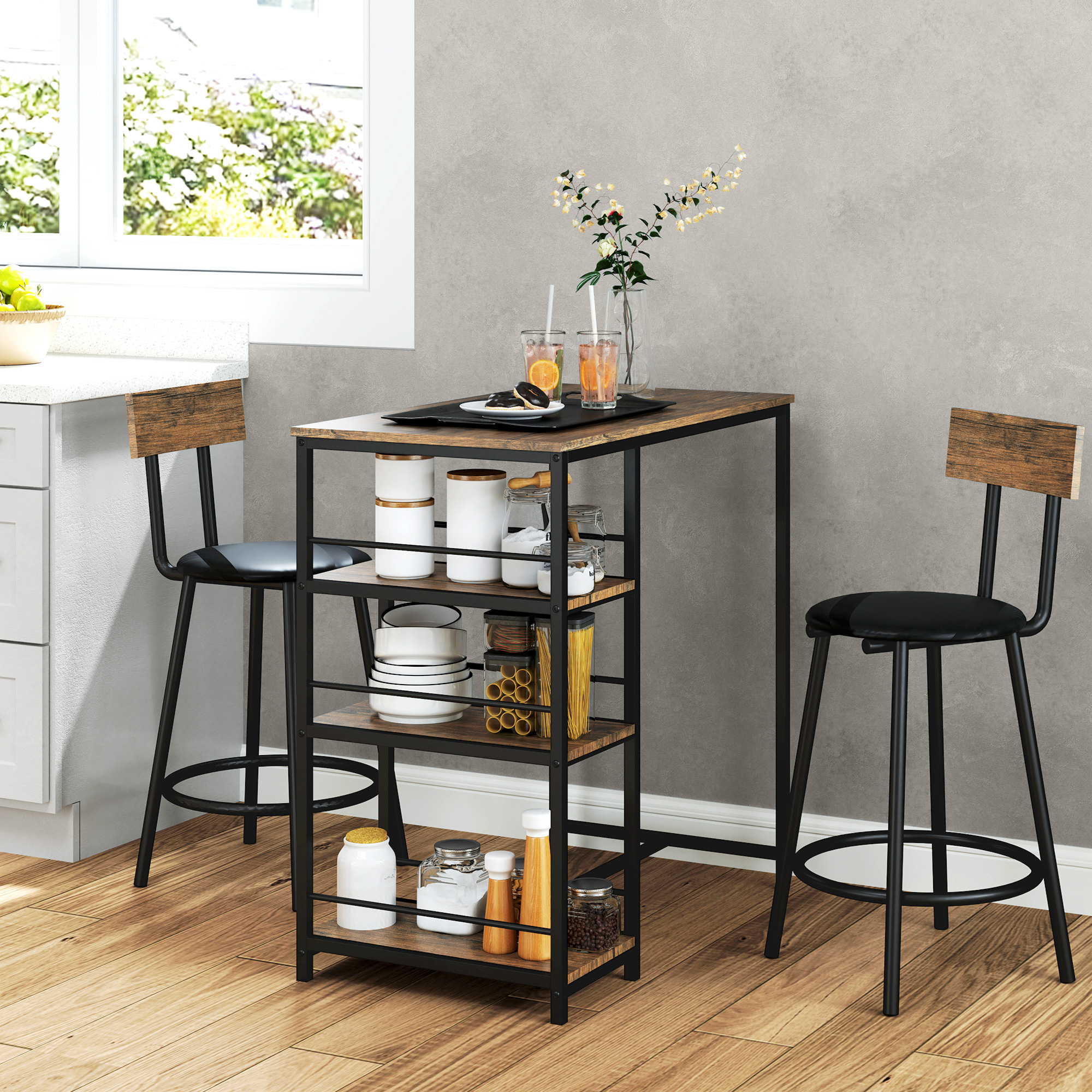 HOMCOM 3-teiliges Ess-Set mit Bartisch und 2 Stühlen, Kleines Küchenset mit seitlichen Regalen, MDF, Metall, Schwarz