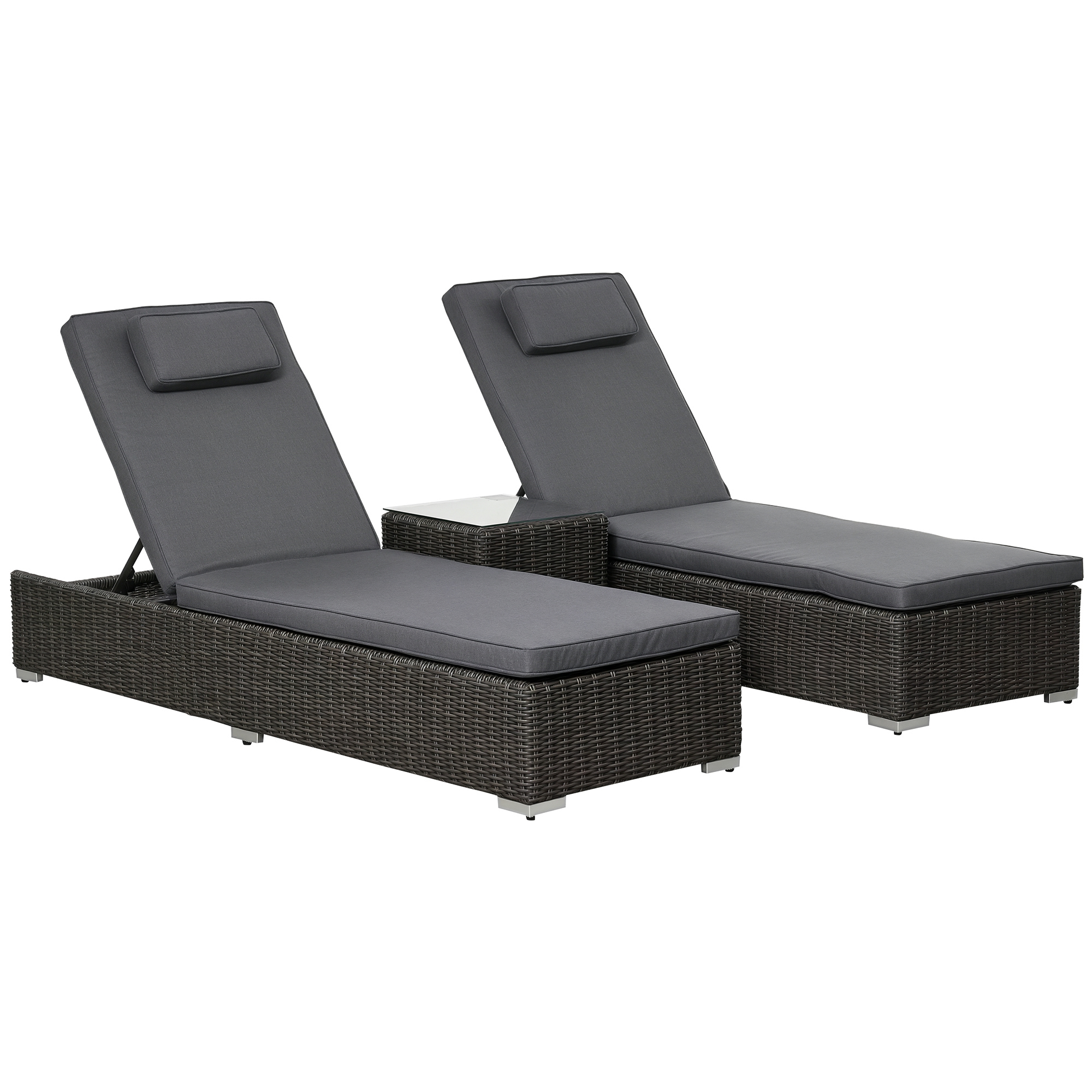 Outsunny Poly-Rattan Sonnenliege 3-tlg. Gartenliege mit 6-Fach Verstellbarer Rückenlehne Beistelltisch Nackenkissen Gartenmöbel Aluminium Grau 60 x 195 x 91 cm