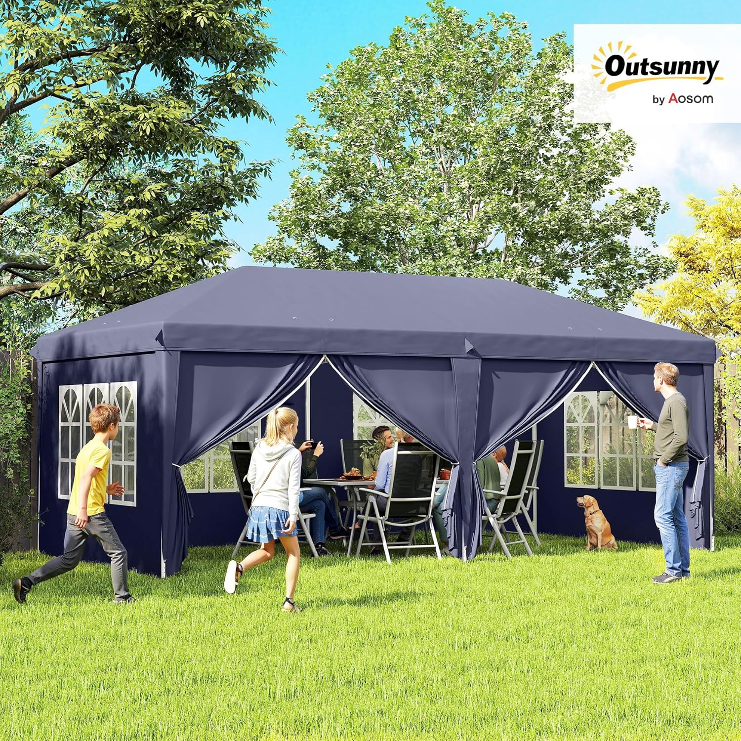 Outsunny 6 x 3 m Pop Up Gazebo with 4 Windows and Side Panels, 2 Doors and Carry Bag, Outdoor Gazebo with 12 Holes of Drainage in Metal and Oxford for Garden, Parties, Blue