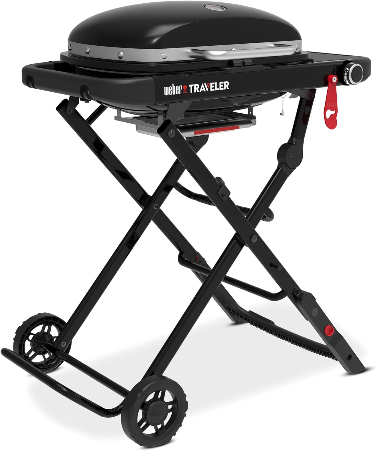 Weber Traveler Compact Gasgrill/Klappbarer und tragbarer Gasgrill mit Rädern, automatischer Deckelverriegelung und integriertem Thermometer, 1 Brenner, Grillfläche 52 x 36 cm, schwarz