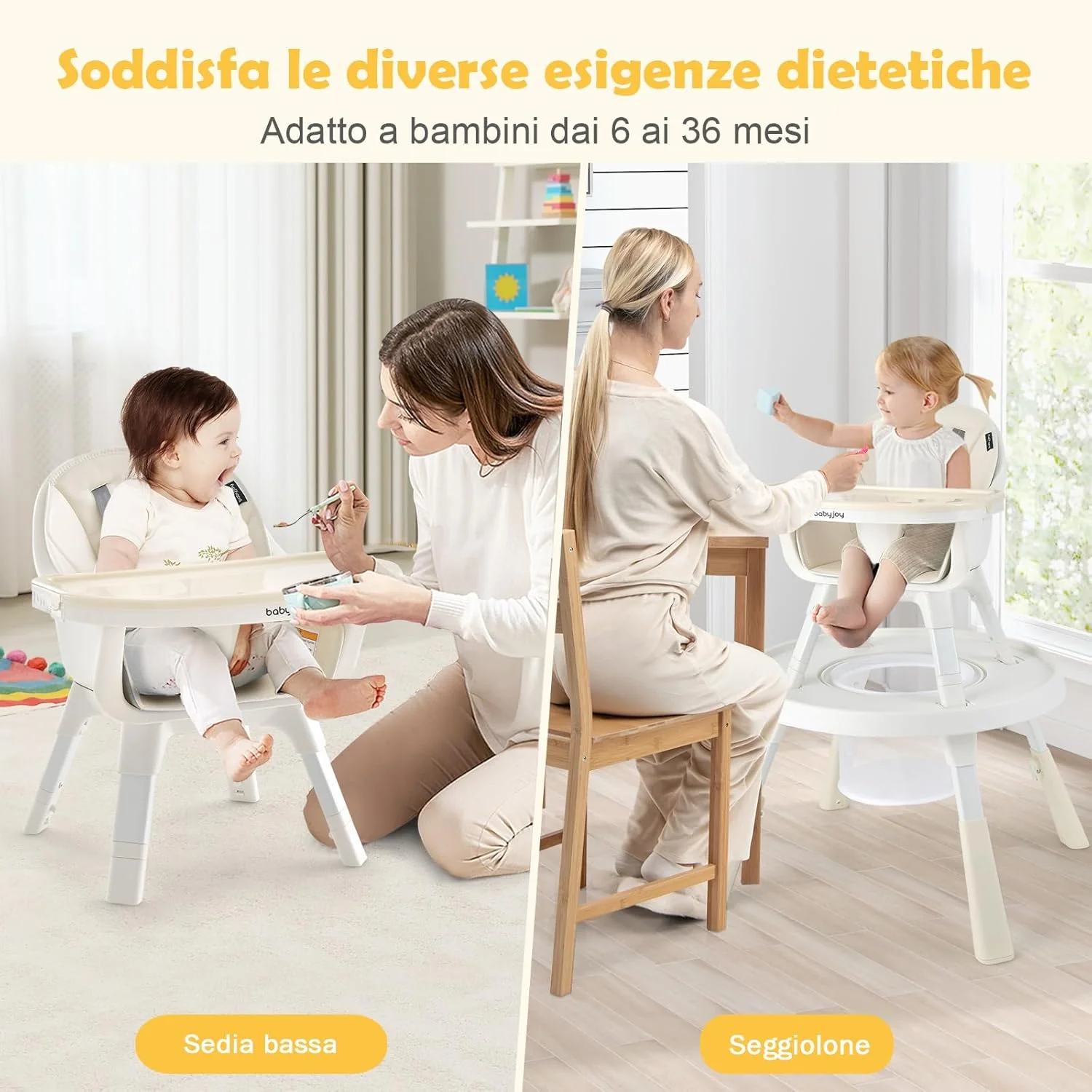 6 in 1 Seggiolone per Bambini, Seggiolone con Altezza Regolabile con Vassoio a 2 Livelli e Cesta, Centro Attività per Bambini, Set Tavolo e Sedia con Mattoncini per Bambini (beige)