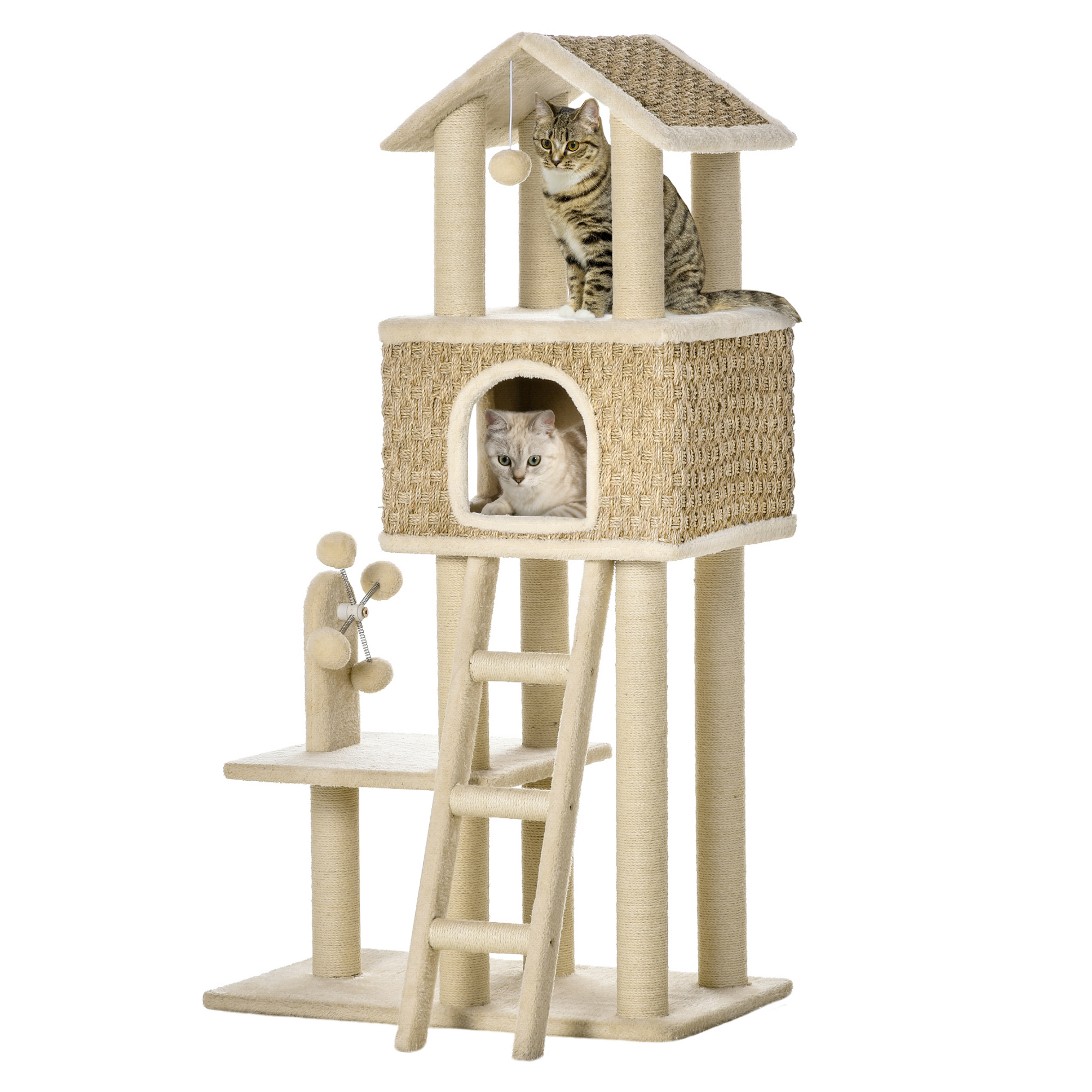 PawHut mit Katzenhöhle inkl. Spielzeug  Sisal Plüsch Khaki + Beige + Kaffee