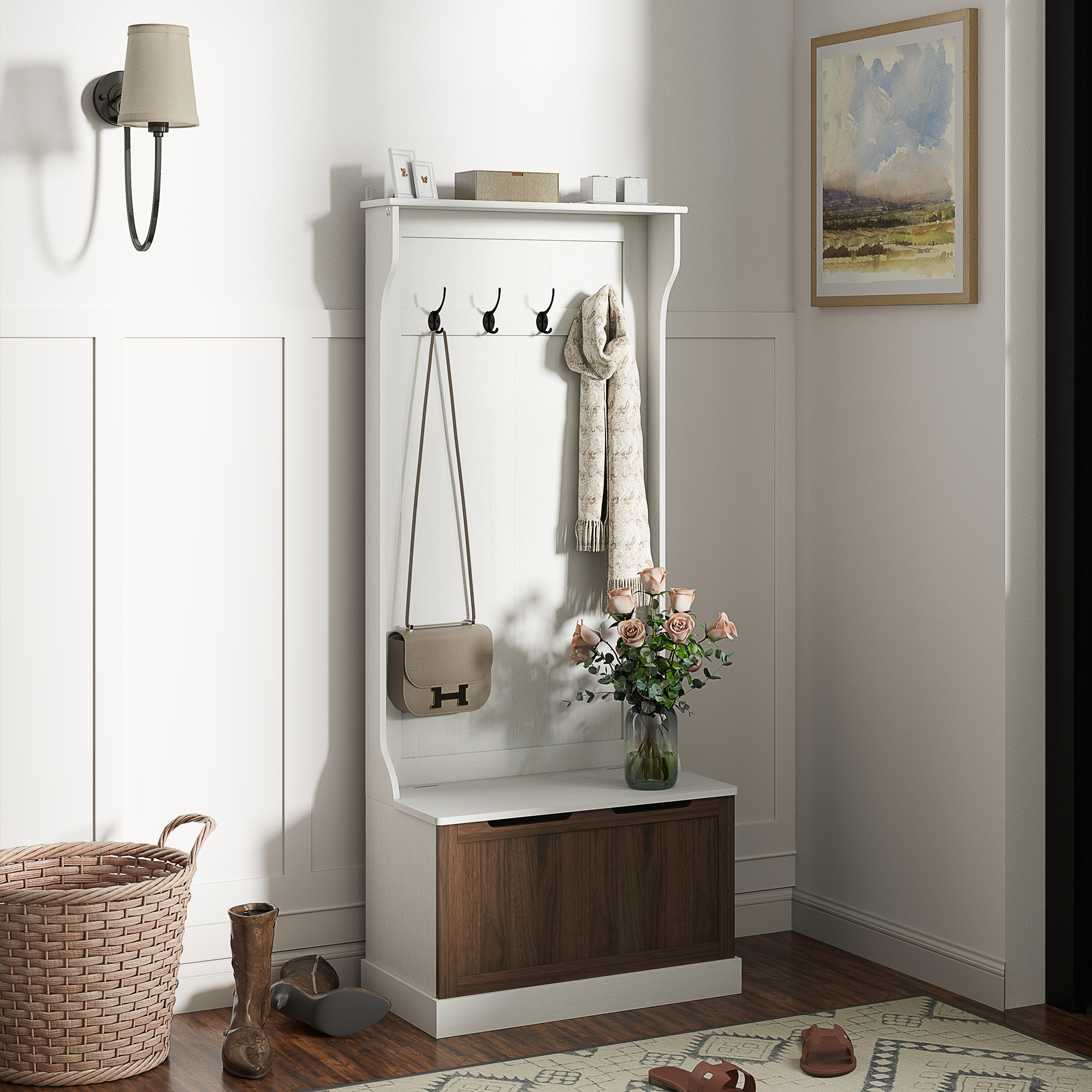 HOMCOM Garderobenständer 3 in 1 mit 4 Haken und Sitzbank, aus Holz, 71,5x39,5x170 cm, Weiß
