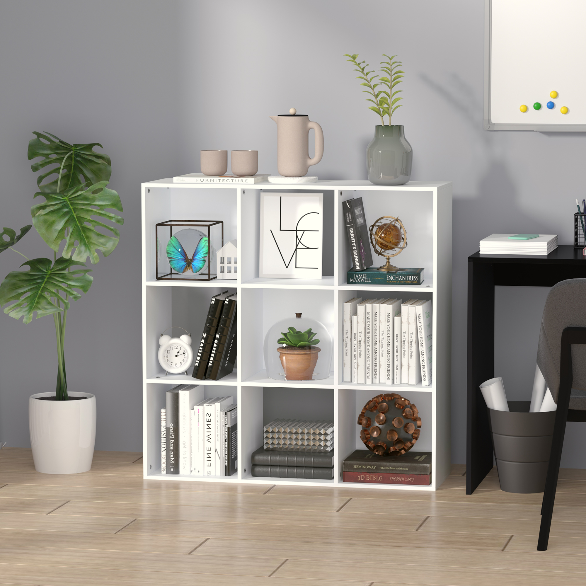 HOMCOM Weißes Regal für Zuhause und Büro, Modernes Regal mit 9 Fächern aus Holz, 91.5 x 29.5 x 91.5 cm