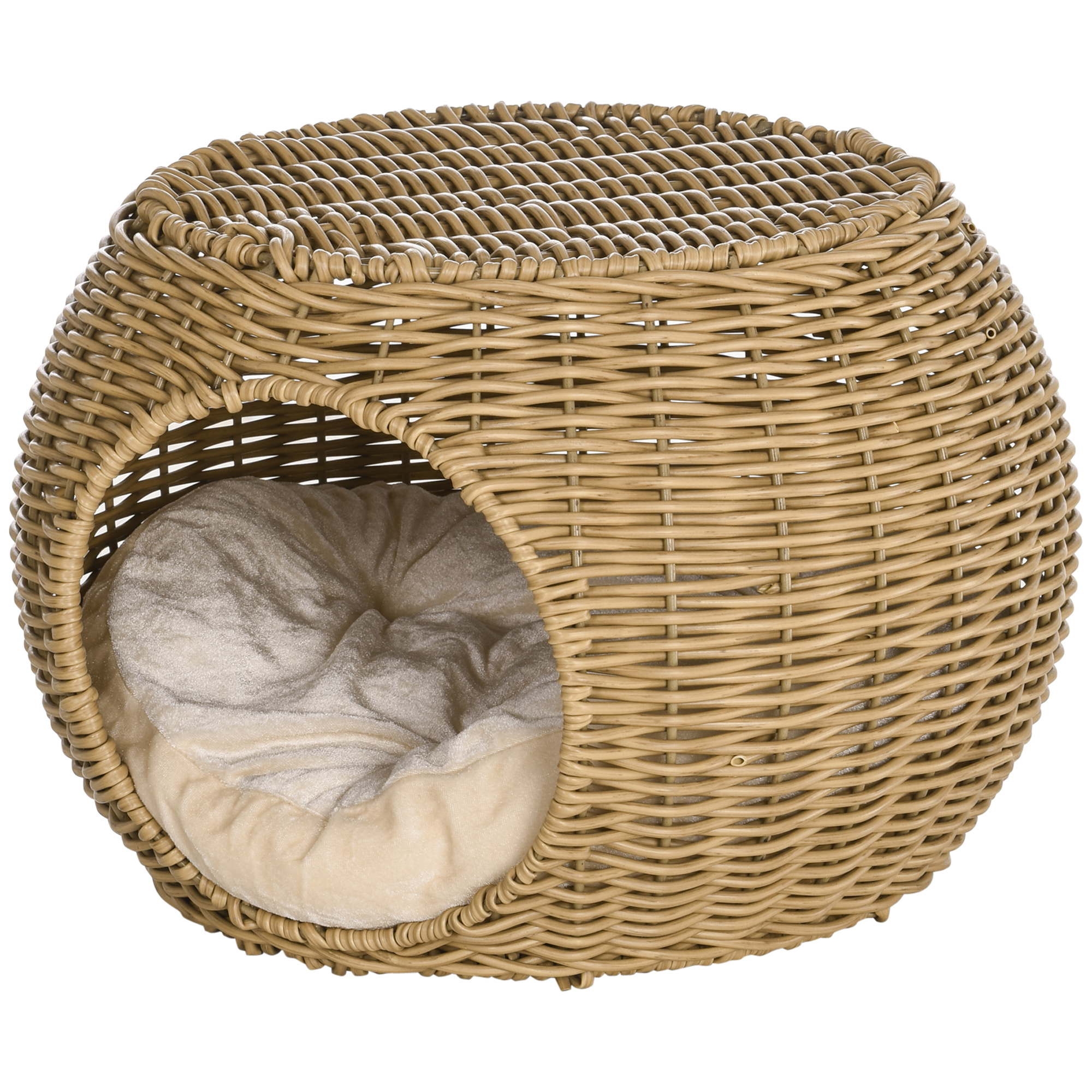 PawHut Katzenhaus Katzenkorb Katzenhöhle 2 Etagen aus geflochtener Kunstharz-Rattanoptik mit 1 weichem Kissen Ø 40 x 30 cm Hellbraun