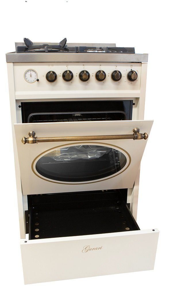 Gas-Standherd 60 cm Erdgas Fl.Gas 4 Kw WOK Gasgrill+Dunstabzugshaube 60 cm mit Metallelementen, Elfenbein, 910 m³/h GCH G 614 CR+A 6423 ElfBE ECO