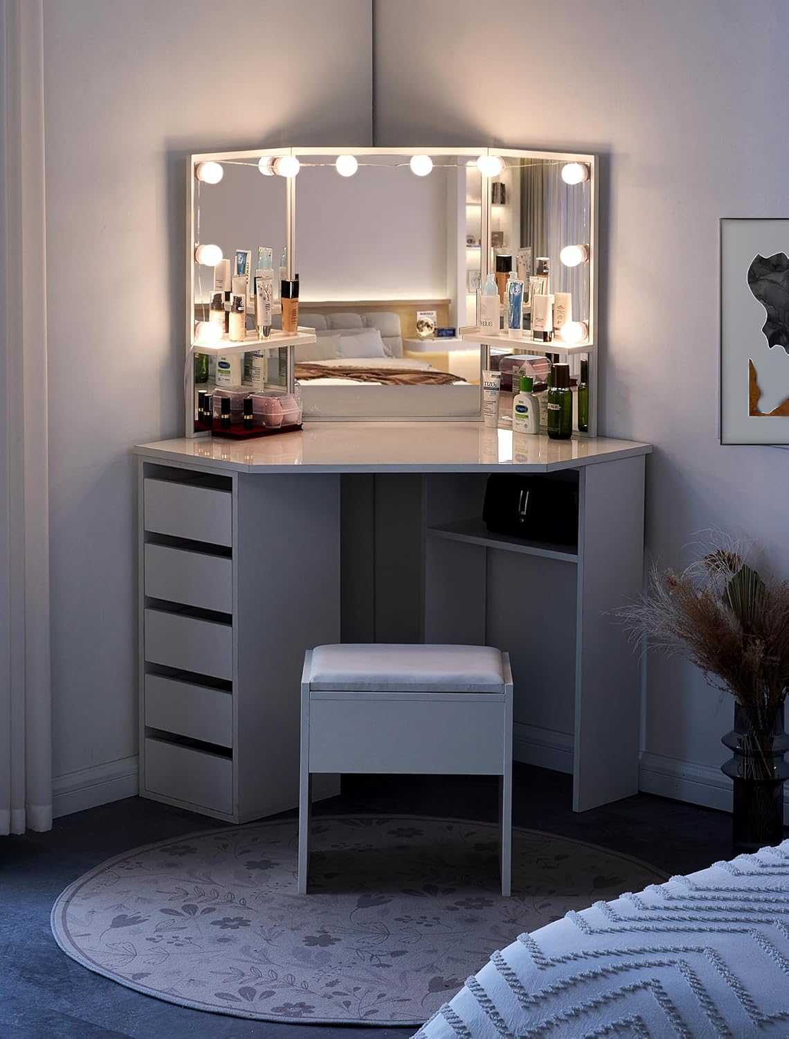 TUKAILAi Dressing Table with Mirror, Three Sides, Modern Make-up Vanity Table with LED Lights and Stool, White Corner Makeup Table with 5 Drawers and 2 Open Shelves 114 x 61 x 140 cm Bedrooms