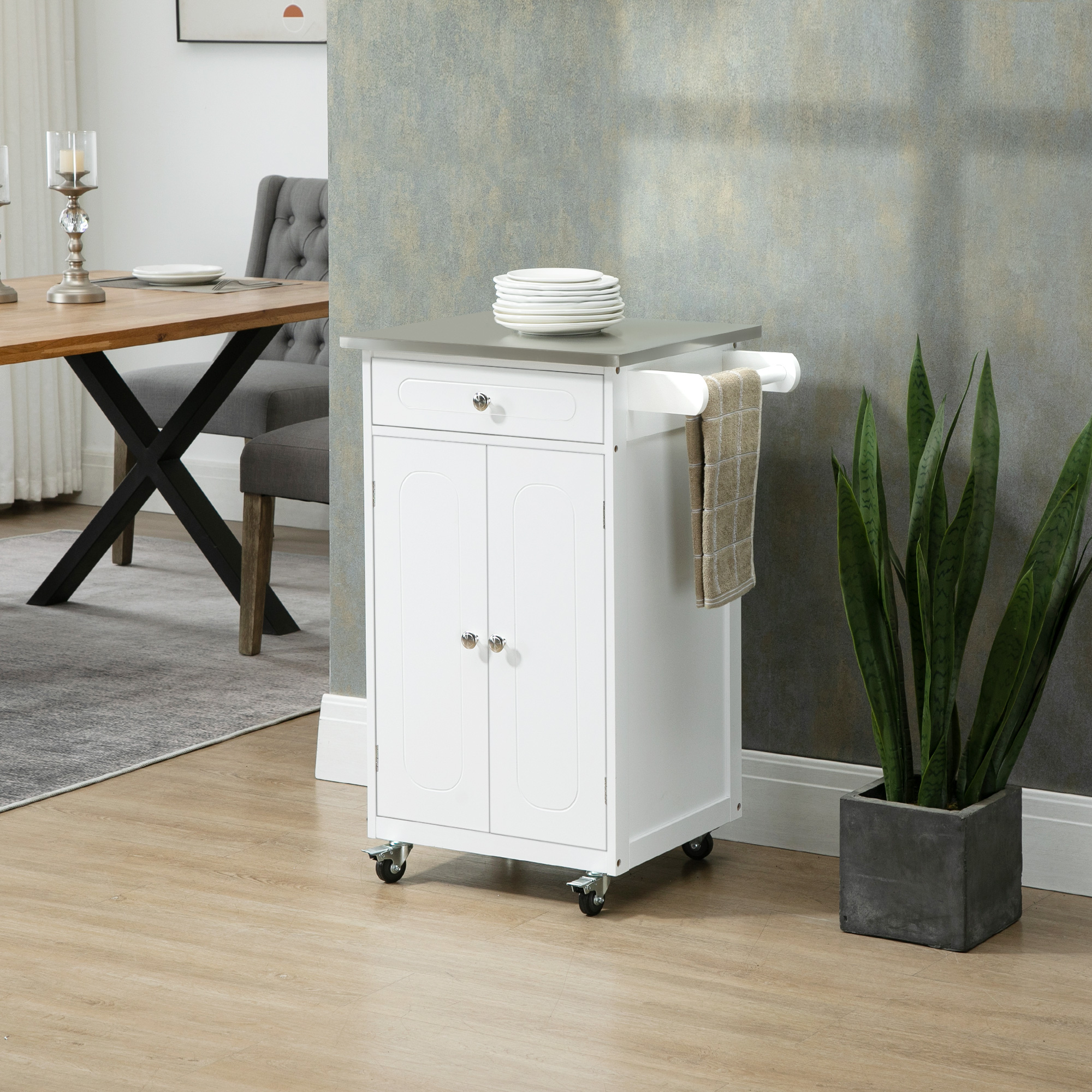 HOMCOM Küchenservice-Wagen mit Rollen, Mehrzweck-Storage, 1 Schublade, Doppelschrank mit 2 Türen und Regal, Handtuchhalter aus MDF in Weiß und Edelstahl