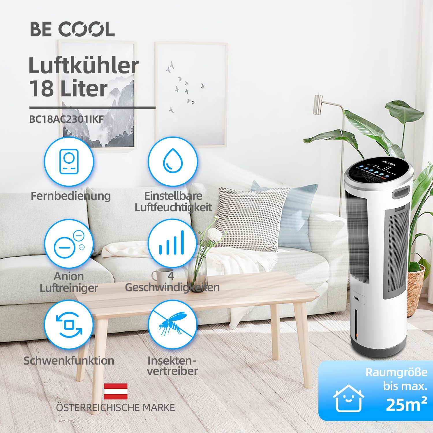 BE COOL 5in1 Luftkühler mit Wasserkühlung - Verdunstungskühler, Ventilator, Luftbefeuchter, Luftwäscher, Mückenabwehr - 110 Watt, 18L Wassertank, Luftumwälzung: 1600m³/h, Fernbedienung, weiß/grau