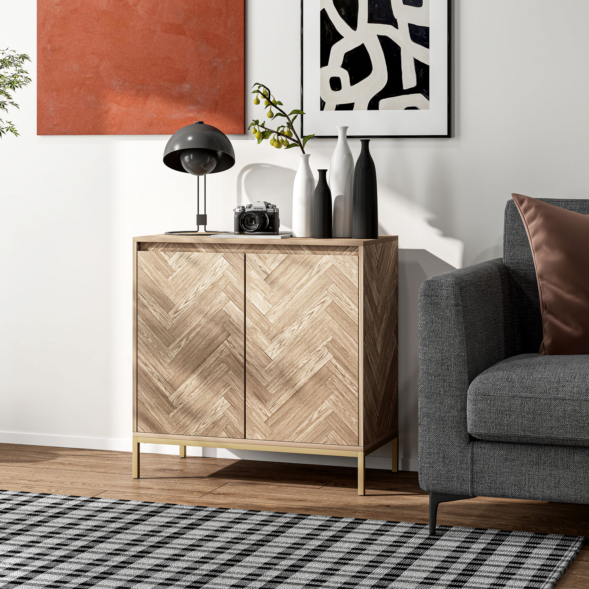 HOMCOM Aufbewahrungsschrank Buffet mit 2 Chevron-Türen, verstellbarem Regal und Stahlbeinen, Abm. 78 x 40 x 78 cm, Eiche