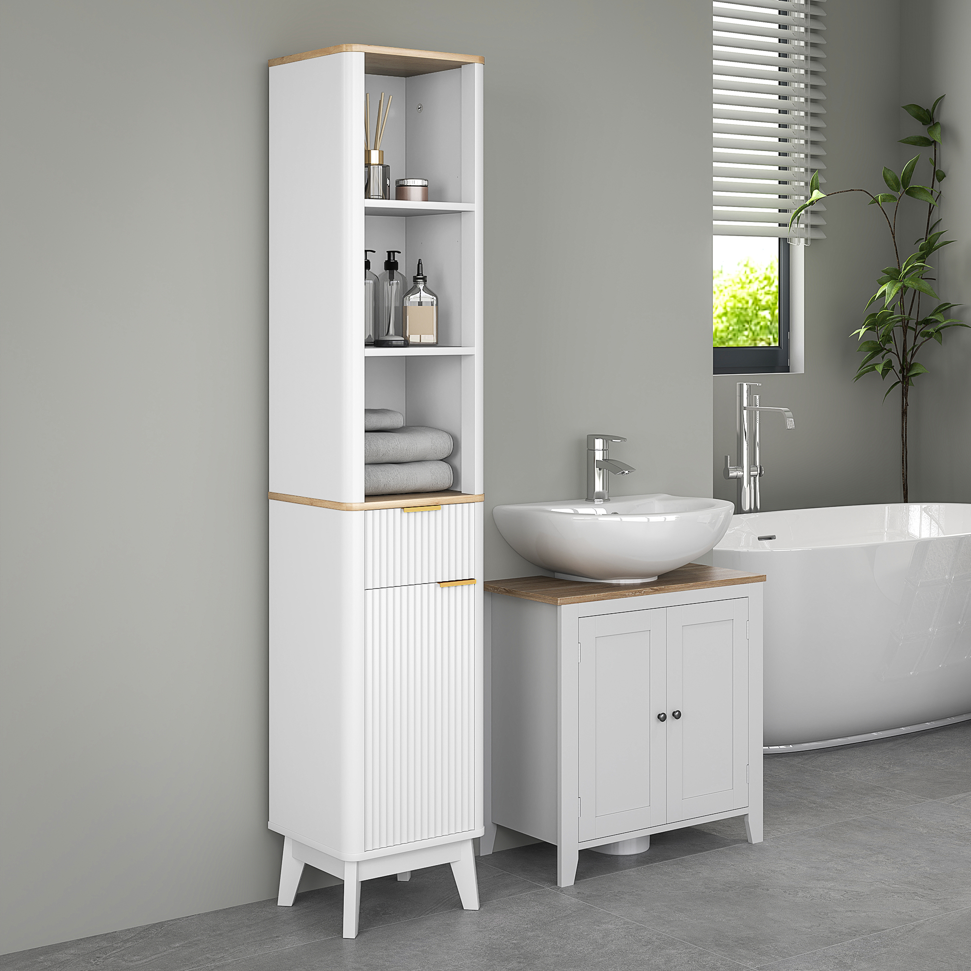 HOMCOM Badezimmer Hochschrank Badezimmerschrank mit 3 Regalen Schublade 2 verstellbare Regale 33 x 30 x 170 cm weiß