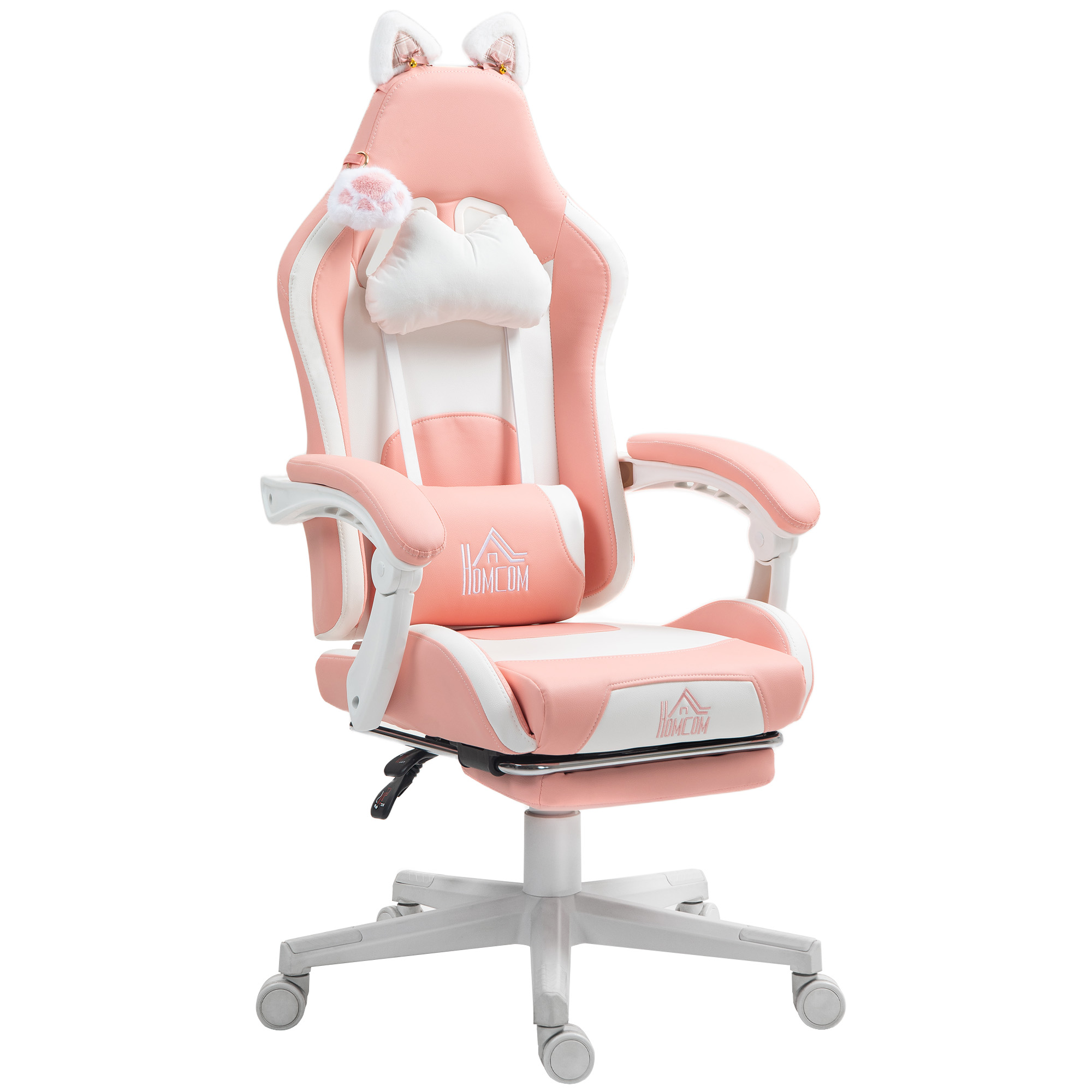HOMCOM Gaming-Sessel mit Katzenohren, neigbare Lehne, ausziehbare Fußstütze, bis 120 kg, Rosa/Weiß