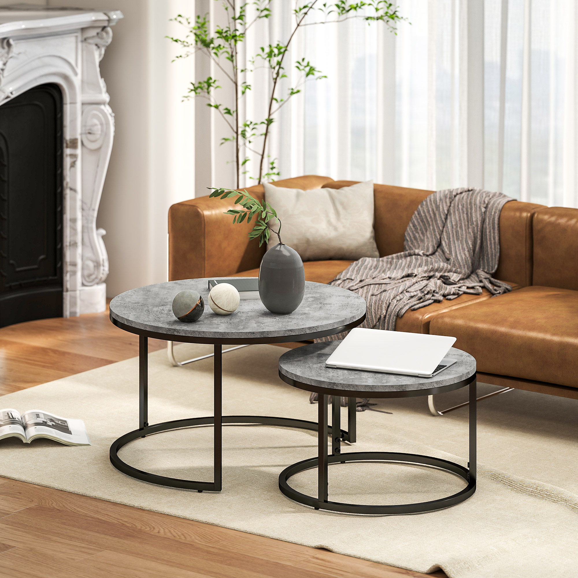 HOMCOM Couchtisch-Set, 2 runde Satztische, Industriedesign, Metallgestell, Marmoroptik/Grau
