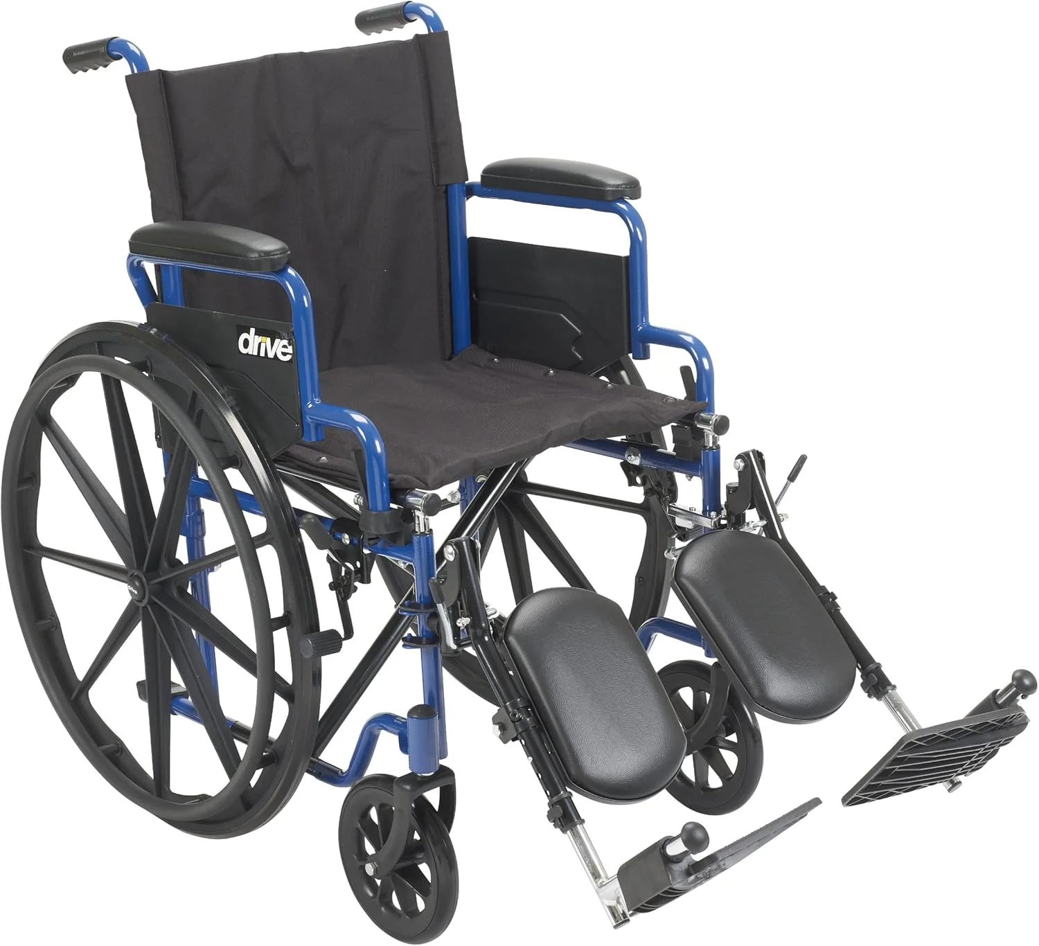 Single-wheel blue racing-style wheelchair, reversible armrests on the table edge, rotatable footrests, size 18 inches, quantity 1 unit.