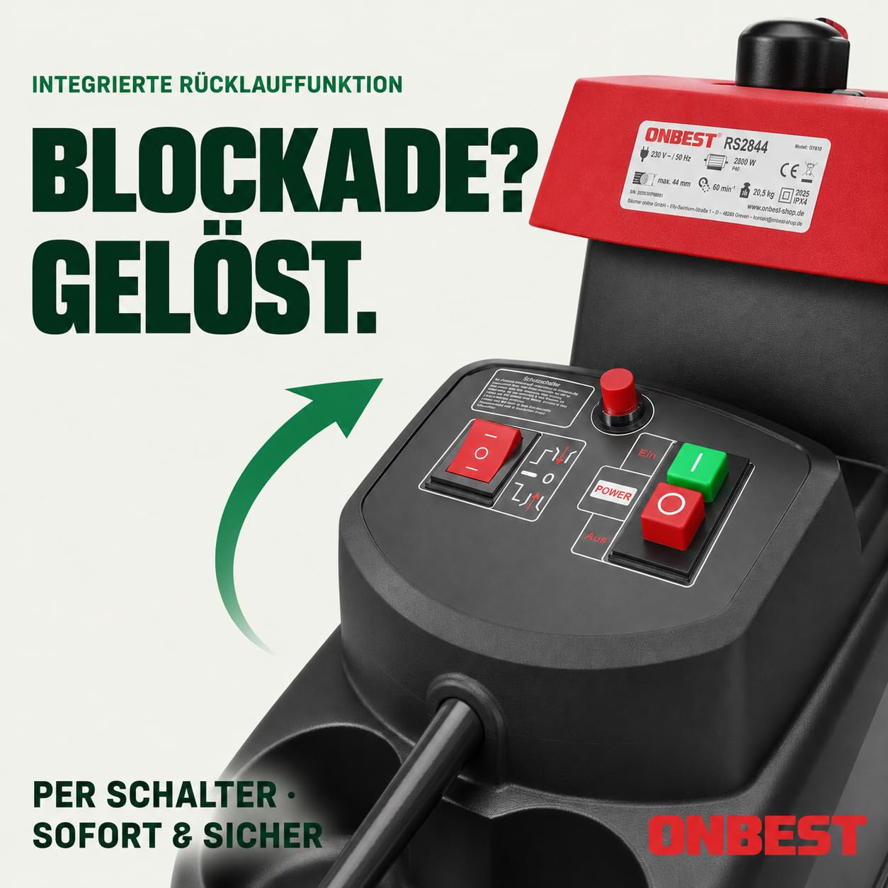 Elektro-Gartenhäcksler 2800 W für Äste bis 44 mm mit 60-Liter-Auffangbox Rücklauffunktion Überlastungsschutz und Selbsteinzug