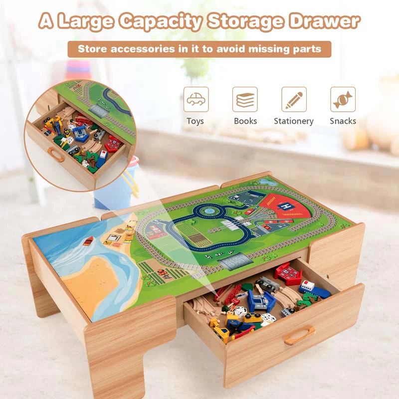 2-in-1 Wooden Toddler Train Table Kids Activity Table Set with Storage, 100 Multicolor Pieces, Tracks, Trains, Cars, Reversible Tabletop