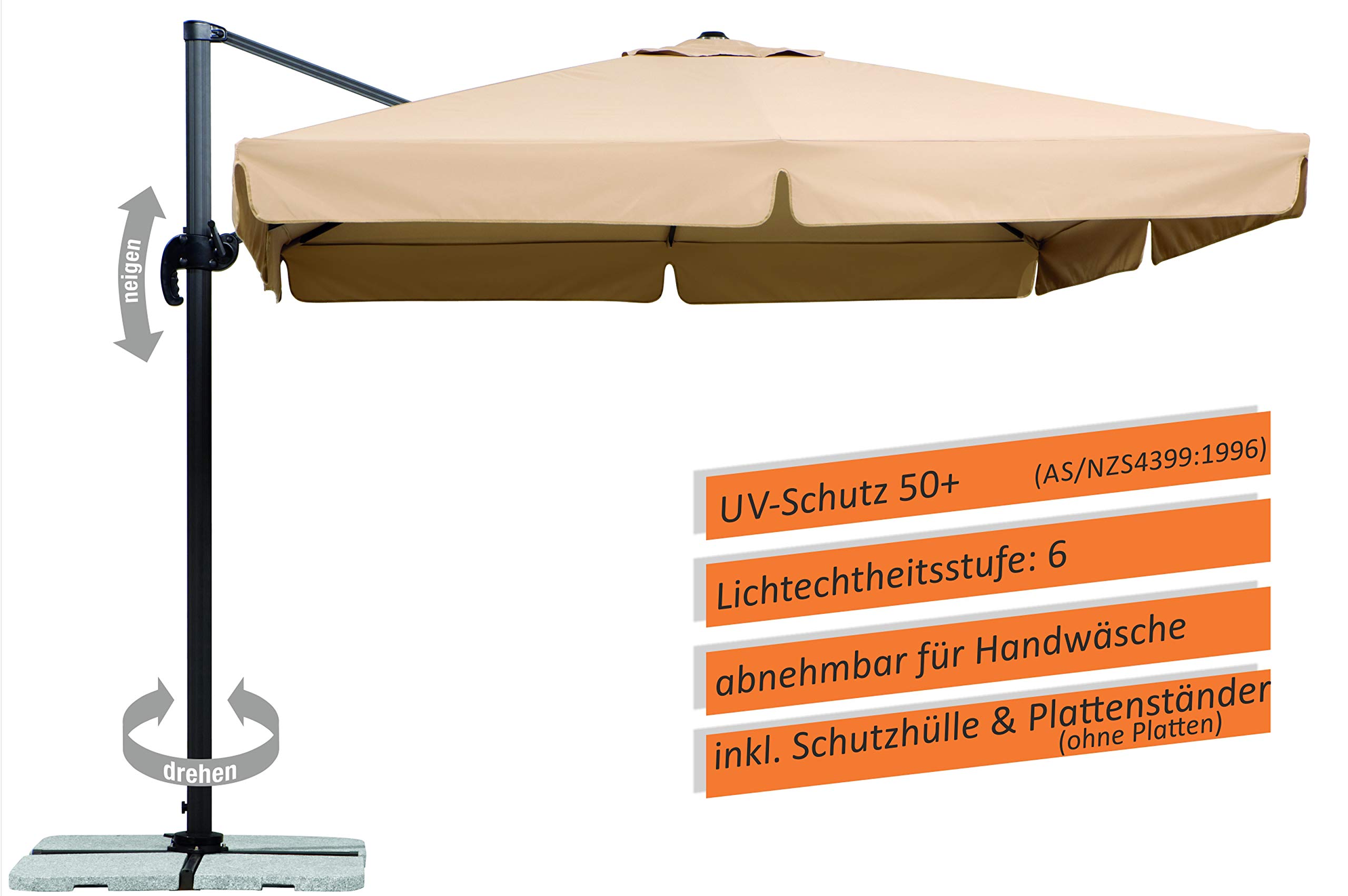 Sonnenschirm quadratisch 300 x 300 cm mit Alu/Stahl-Gestell, UV-Schutz 50+, Polyester natur, inkl. Schutzhülle und Plattenständer