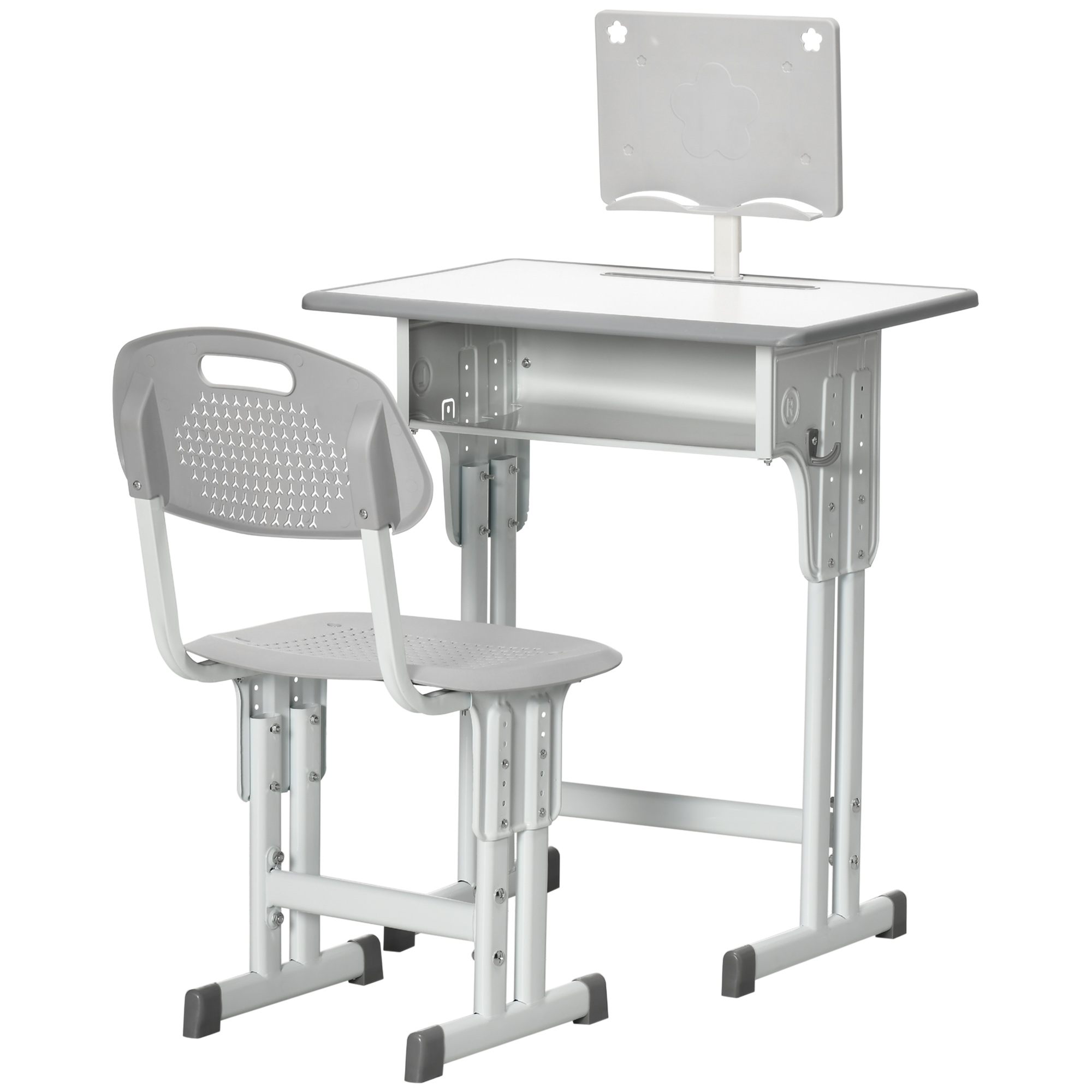 HOMCOM Schreibtisch und Stuhl für Kinder mit Leseständer, Fach, Haken und Stifthalter 60 x 45 x 90-102 cm grau