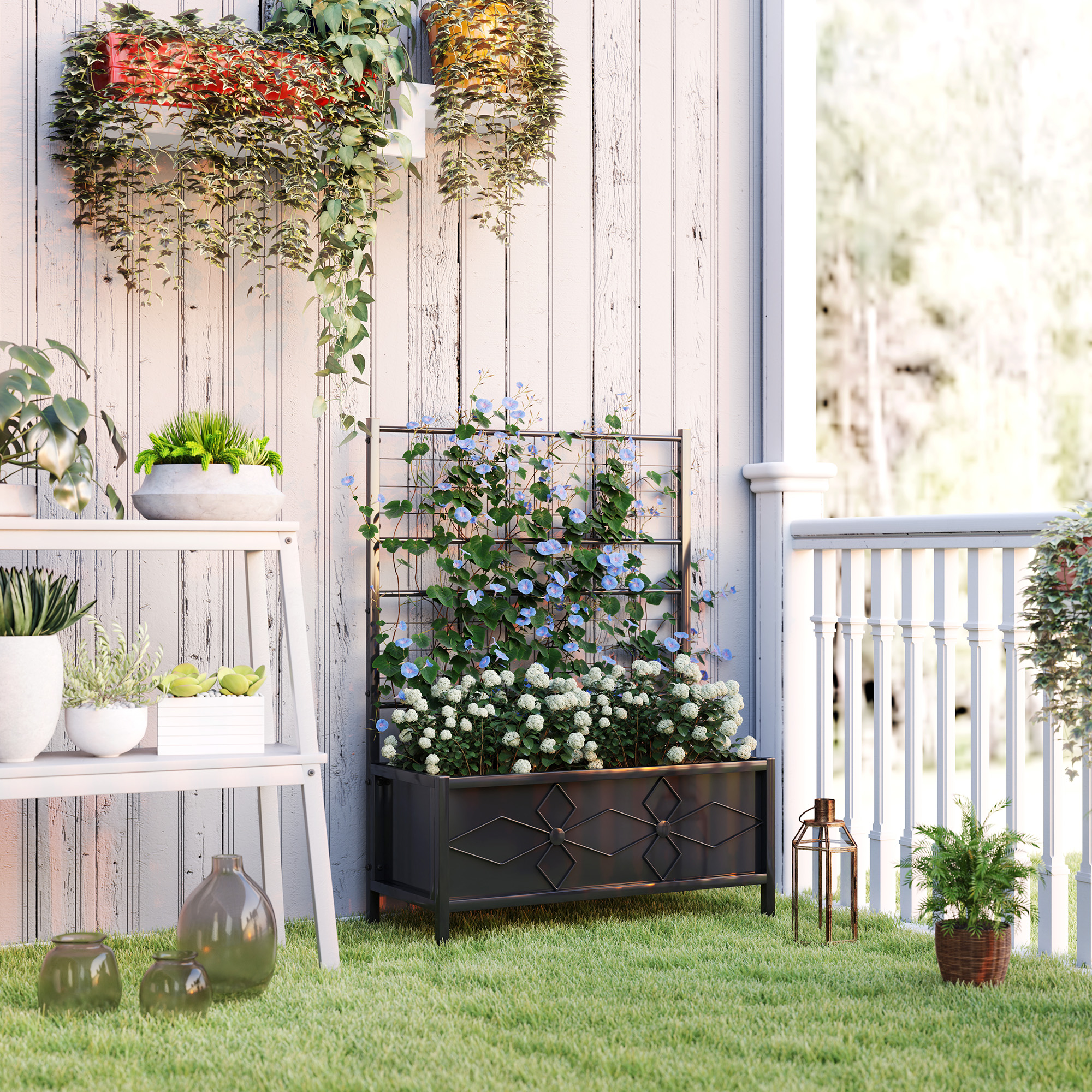 Outsunny Erhöhtes Hochbeet mit Spalier für den Garten, verzinkter Stahl mit Diamantmuster, 90 x 40 x 120 cm, Schwarz