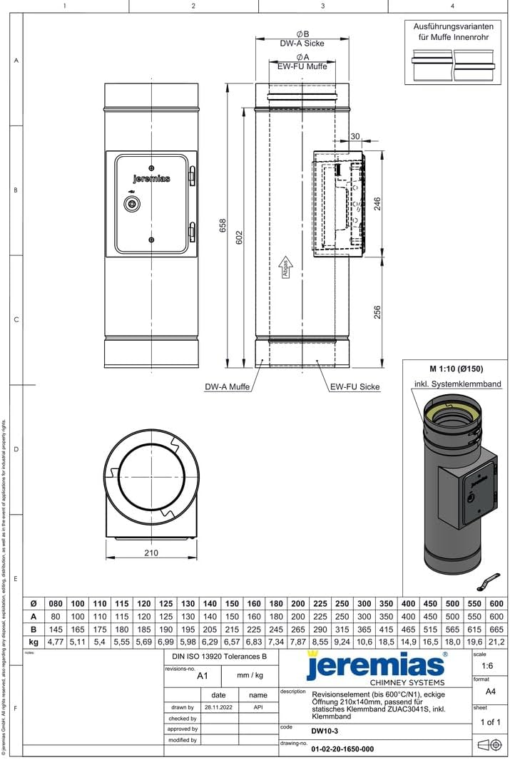 Jeremias DW-FU Revisionselement 80mm Edelstahl Abgassystem für Abgastemperaturen bis 600°C N1 kompatibel mit DW08-3 doppelwandig CE-zertifiziert