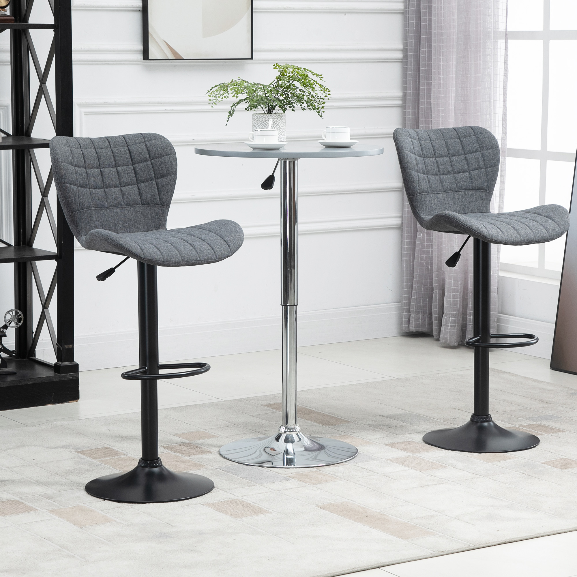 HOMCOM Set aus 2 Barhockern Design Gebogener geknöpfter Rücken Verstellbare Sitzhöhe 61-81 cm 360° drehbar Fußstütze Polyester-Samt Grau
