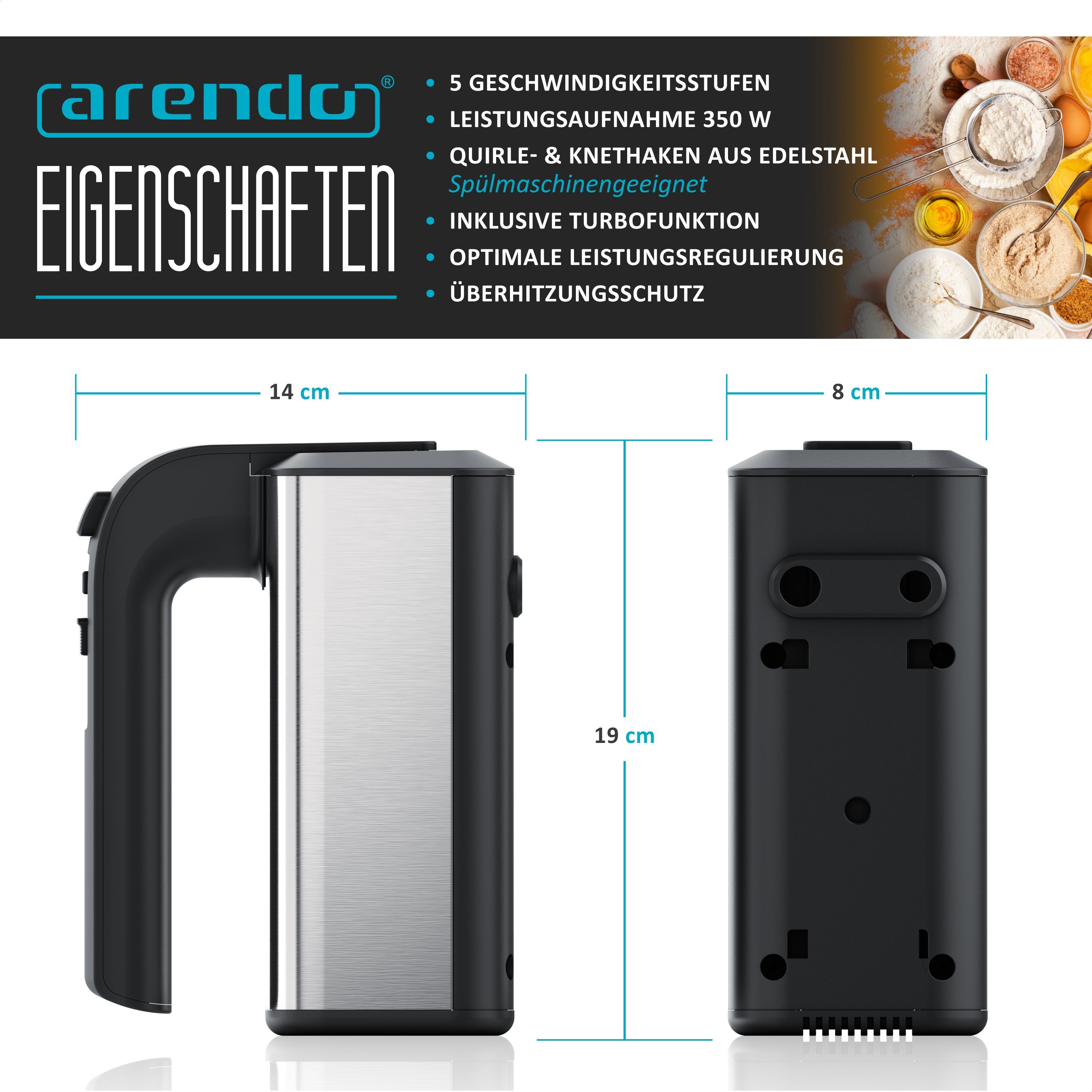 Handmixer Handrührgerät, 5 Geschwindigkeiten, inkl. 2 Rührbesen & 2 Knethaken