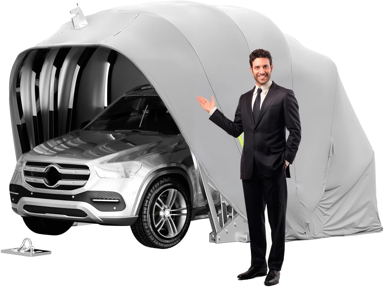 Allwetterfester Auto-Markise, Halbautomatische Faltgarage mit Zahlenschloss, Faltbarer Carport für den Außenbereich, 600D Oxford-Gewebe, Grau, L:5.5/5.9M