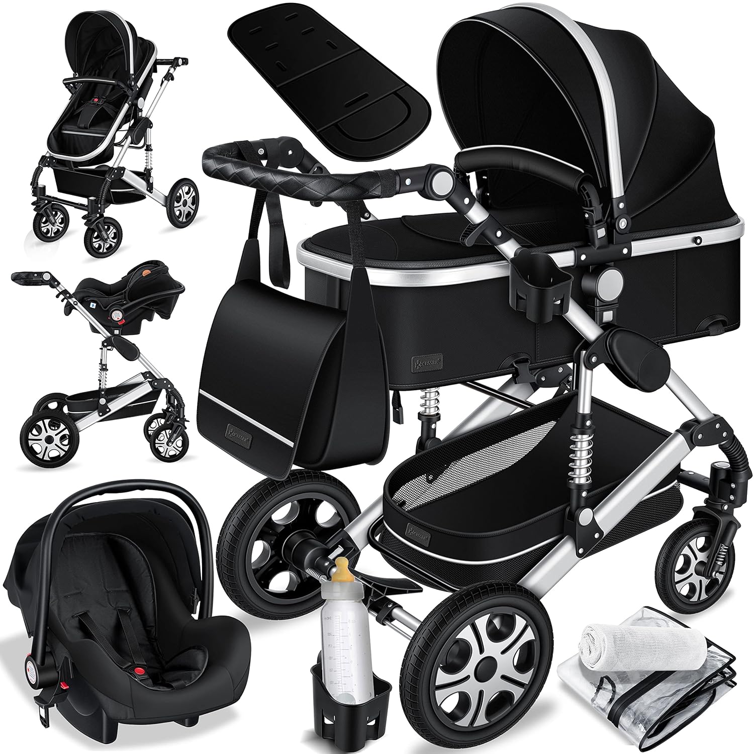 KESSER® Loops 3 in 1 Kinderwagen Kombikinderwagen Komplett-Set inkl. Babywanne & Buggy Sportsitz & Auto-Babyschale Voll-Gummireifen Wickeltasche Regenschutz Kindertisch ECE R129, Schwarz/Schwarz