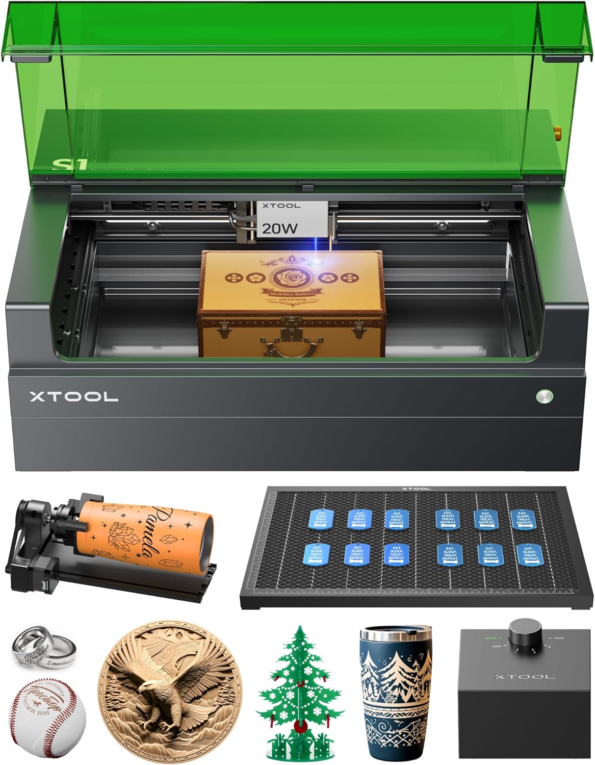 xTool - Incisione  20W con Rotazione RA2, Aisst Smart Air e Pannello a Nido d'Ape, Velocità 600mm/s, Taglio  per Legno, Metallo, Pelle, Acrilico e Vetro