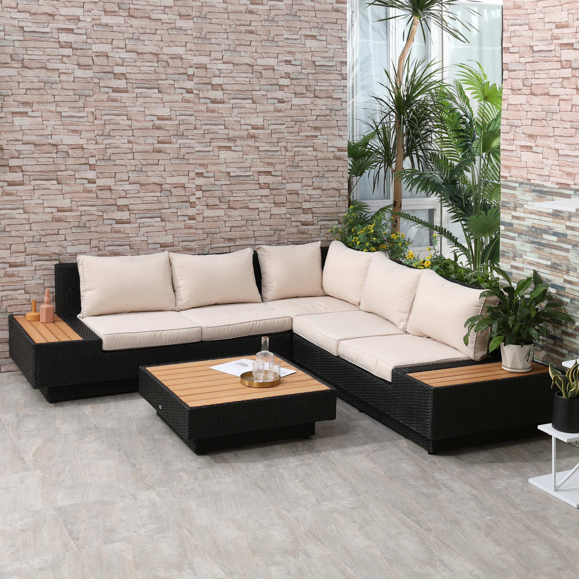 Outsunny 4-tlg. Luxus Polyrattan Gartengarnitur Gartenmöbel Garten-Set Sitzgruppe Loungeset Loungemöbel inkl. Ablagen und Beistelltisch Sitzkissen Schwarz
