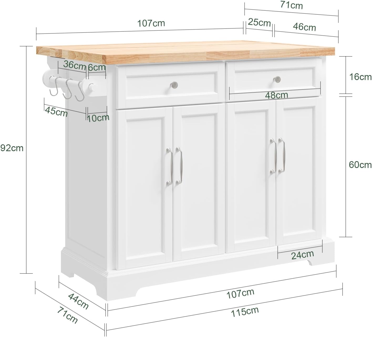 SoBuy Carrello Cucina con Ruote, Isola Cucina con Piano di Lavoro Estensibile, 2 Cassetti e Ripiani Regolabili Mobile Salvaspazio per Mobili da Cucina, Bianco 115 x (46-71) x 92 cm FKW71-II-WN