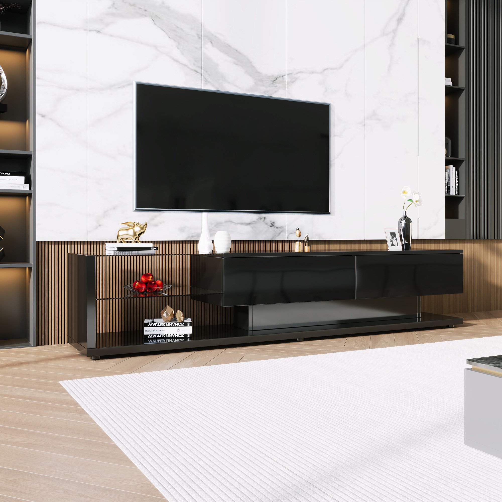 Hochglanz-TV-Schrank mit LED-Beleuchtung, Glasregalen und Schubladen, Schwarz