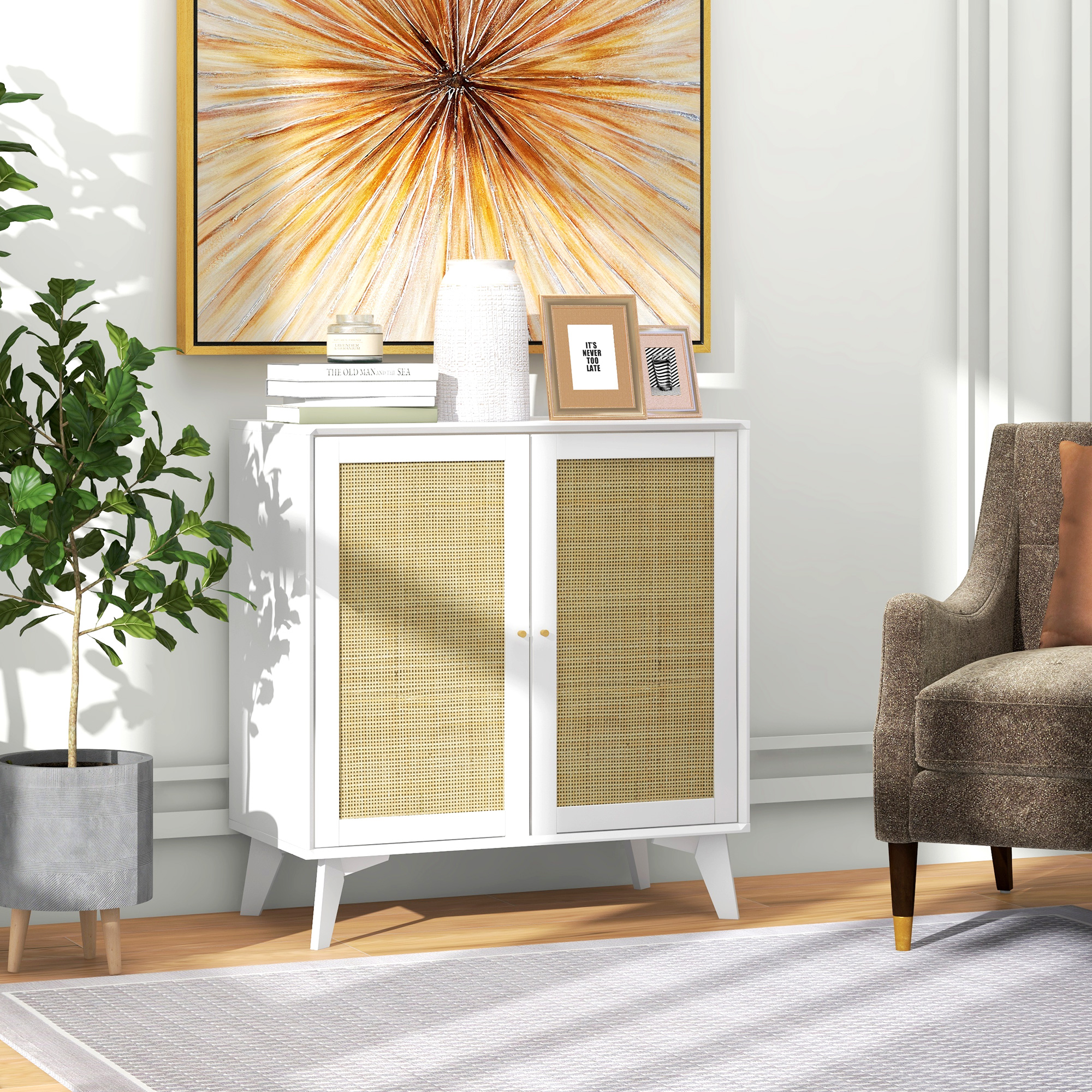 HOMCOM Buffet hoch Aufbewahrungsmöbel Design Bohème doppelte Türen mit 2 Ebenen, Rattanfront 80 x 40 x 85 cm Weiß