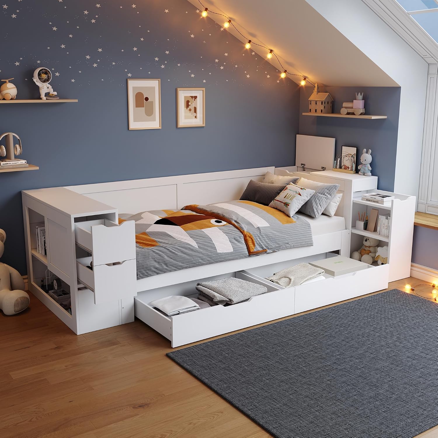 Kinderbett 90x200 cm, ohne Matratze, Einzelbett mit Regalen und Stauschrank, Stauraumbett mit Schubladen, Bettkasten mit Nachttischen, Weiß