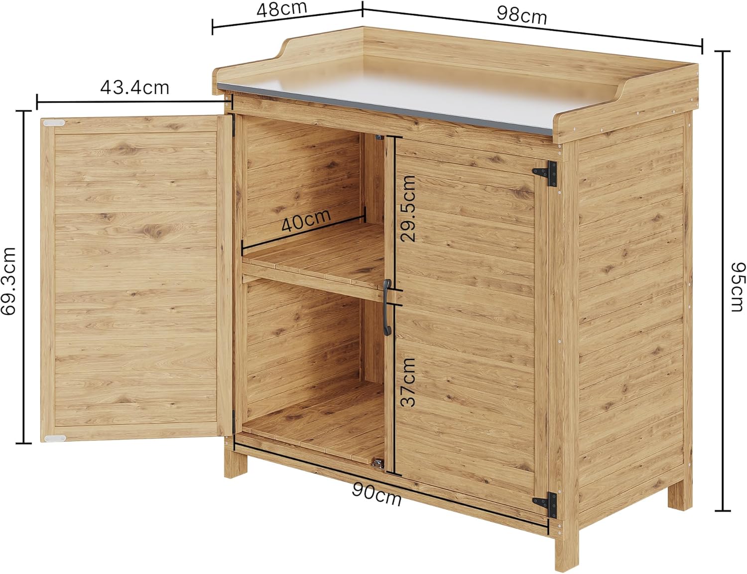 Bealife Tavolo per Piante con Mobile Base, Armadietto da Esterno in Legno,Mobiletto da Giardino con Piano di Lavoro con 1 Ripiano Mobile per Uso Interno ed Esterno (Naturale, 98x48x95 cm)