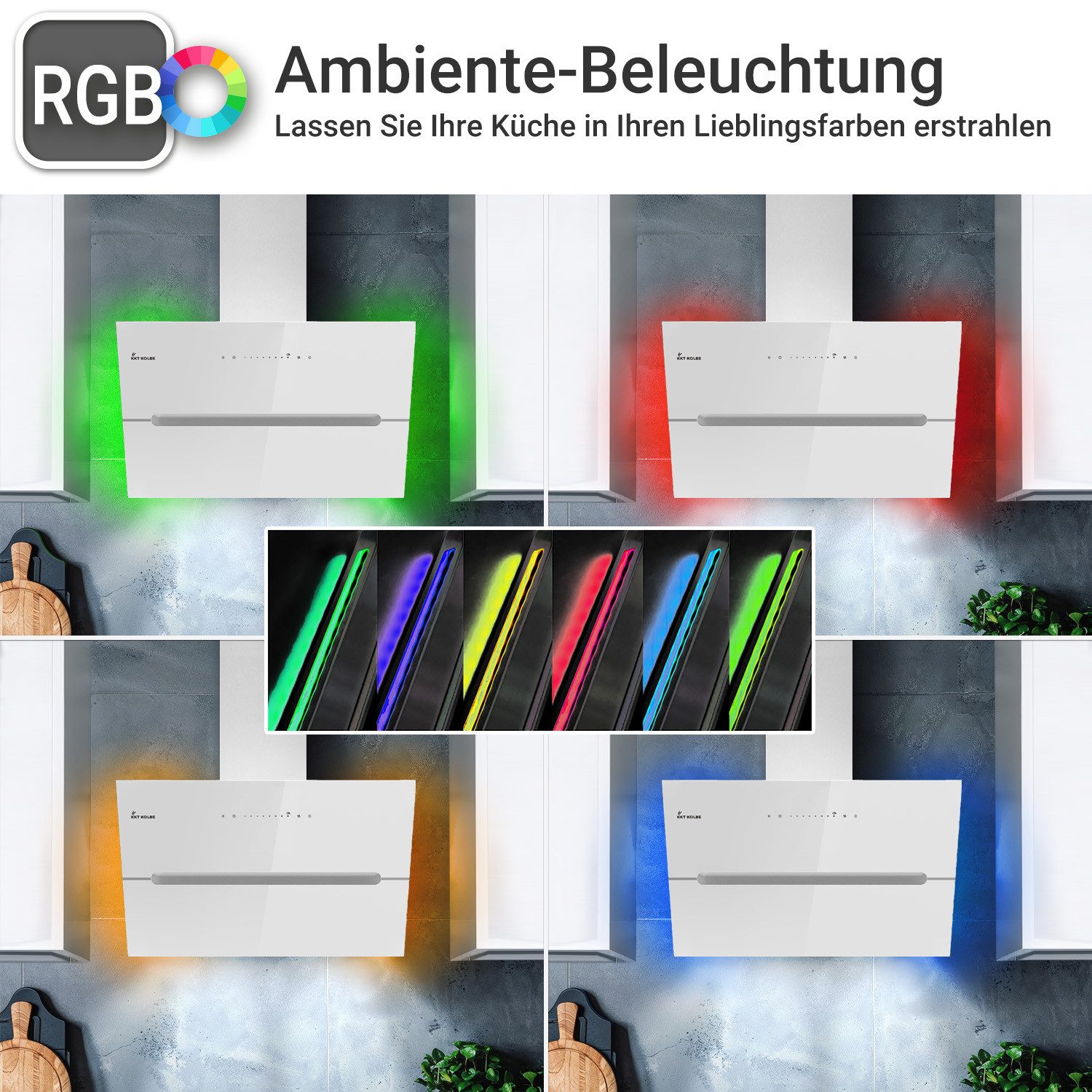 Wandhaube Dunstabzugshaube 90cm ECCO9005WM RGBW Ambientebeleuchtung