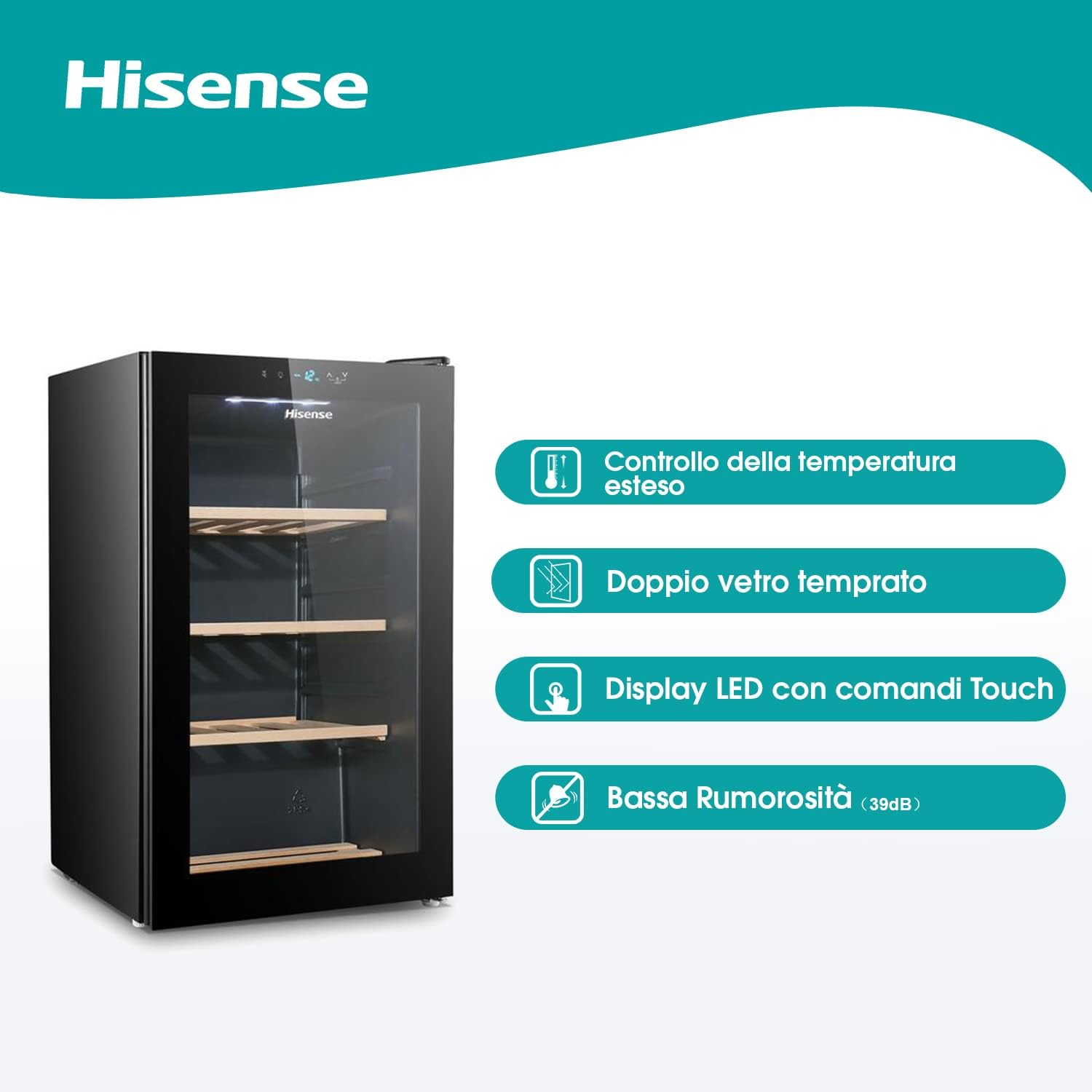 Hisense MWC4894GF Wine Cellar 30 Bottles, Monotemperature, Anti-UV Glasses, Wooden Shelves, Touch Display, LED Lighting, Year 2023