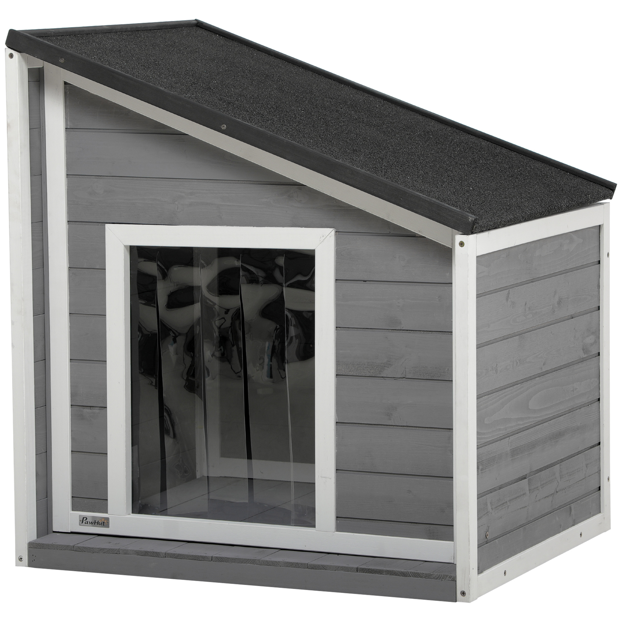 PawHut Hundehütte aus Massivholz, wetterbeständig, Asphaltdach, 71 cm x 58 cm x 77 cm, Grau + Weiß