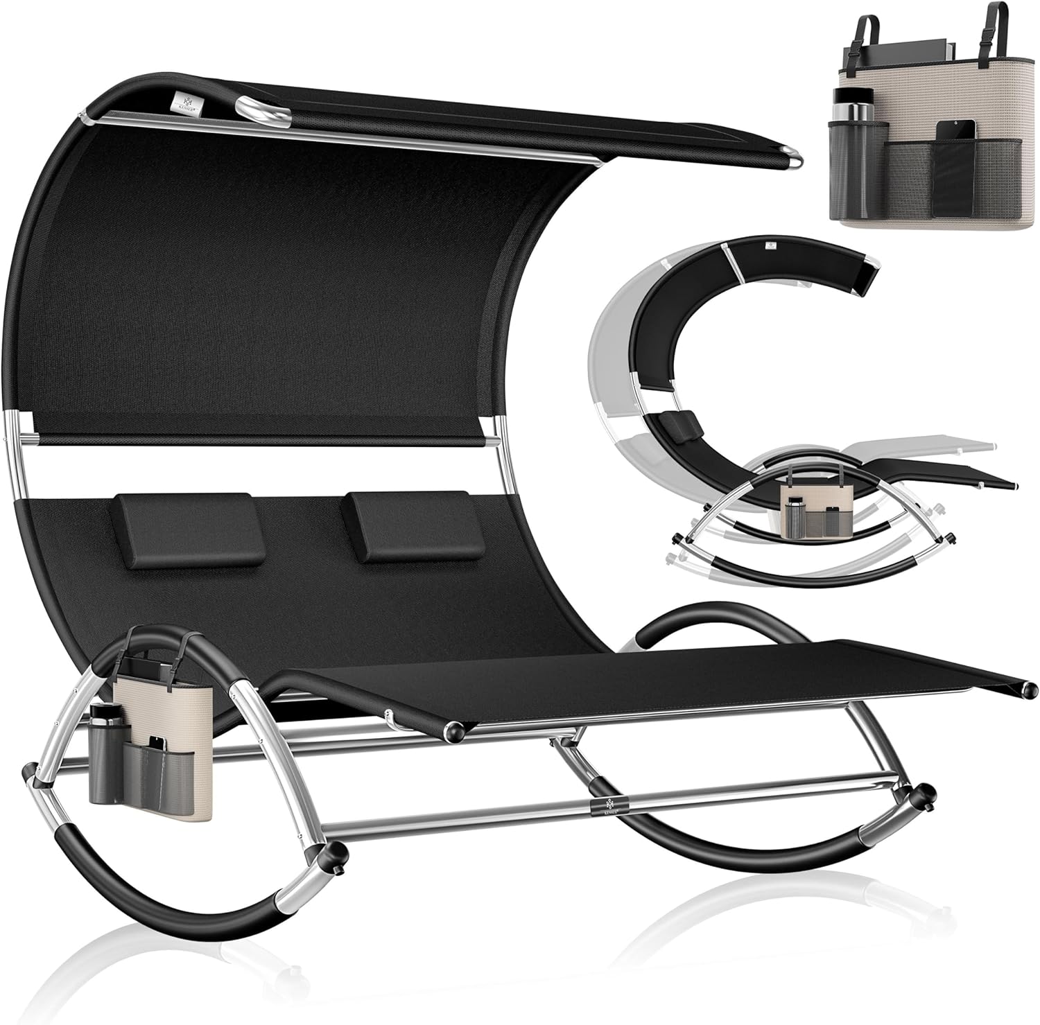 KESSER® Doppel-Sonnenliege Doppelliege mit Sonnendach, Kopfkissen Tasche für 2 Personen, Relaxliege, Gartenliege, Schaukelliege ergonomische Liegefläche, 240 kg Belastung, Seitentasche, Schwarz